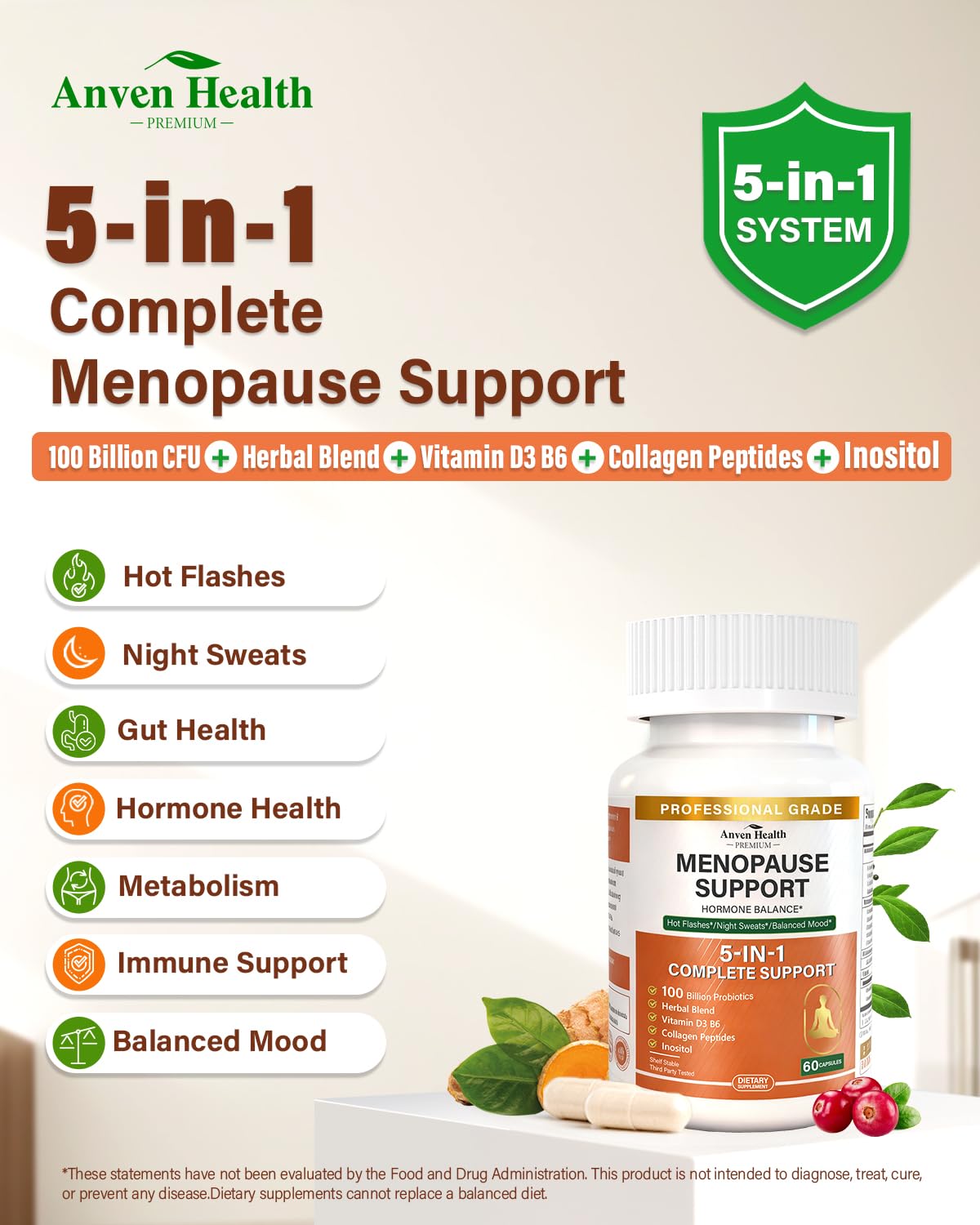 Anven Health Menopause Relief Supplements for Women 100 Billion CFU, 120 Capsules