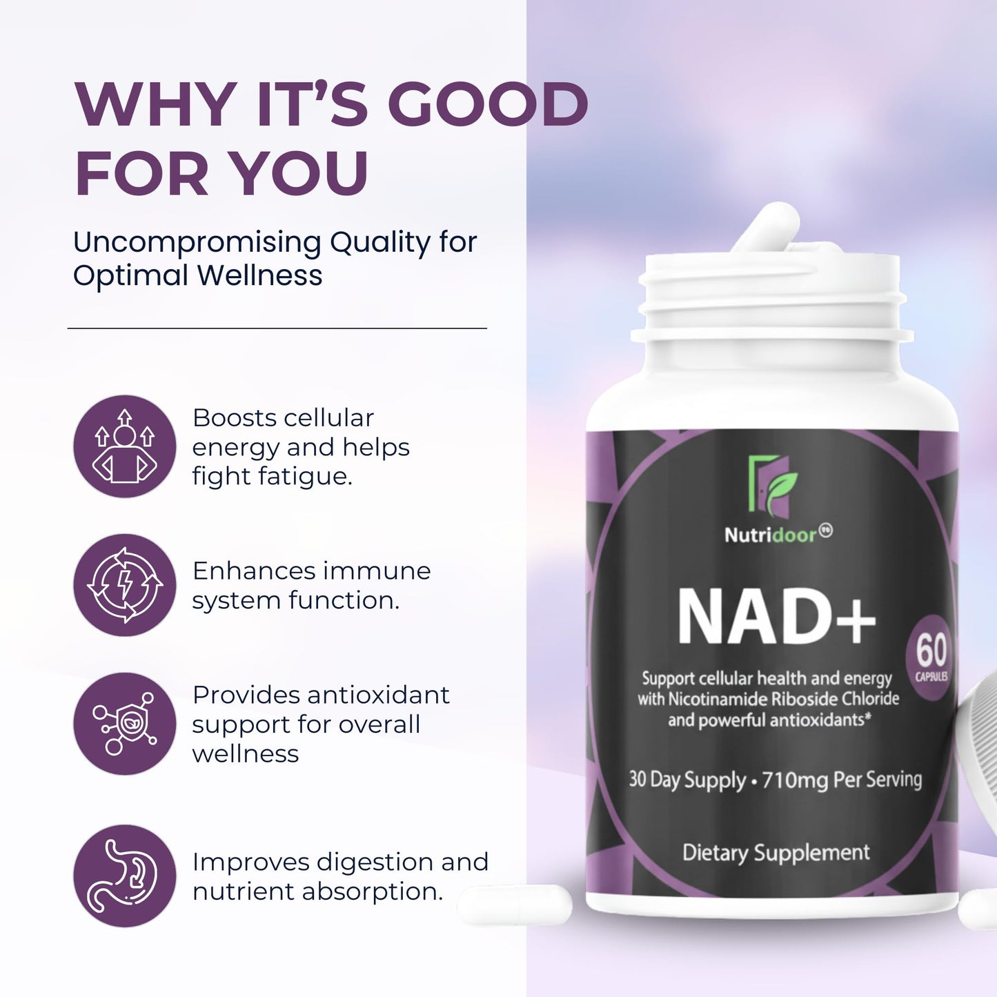 NUTRIDOOR NAD+ Booster Supplement 710mg Nicotinamide Riboside with Resveratrol & Quercetin - Anti-Aging & Energy Support, 60 Capsules