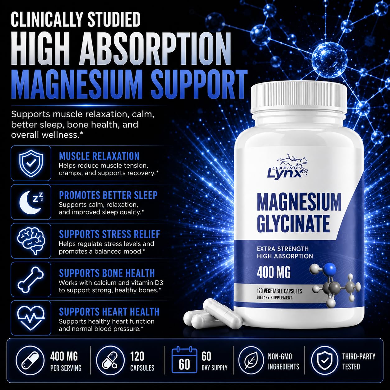 Leaping Lynx Magnesium Glycinate 400mg Capsule, 120 Capsules