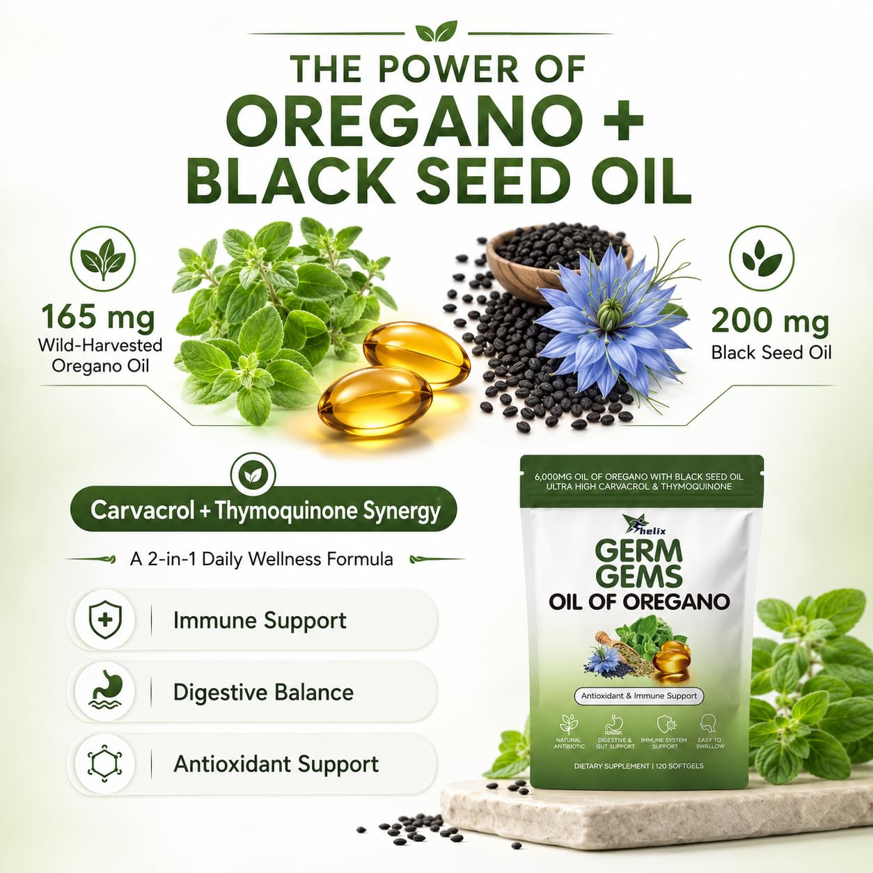 HerSpark Helix Germ Gems Oil of Oregano Softgels with Black Seed Oil, 120 Capsules