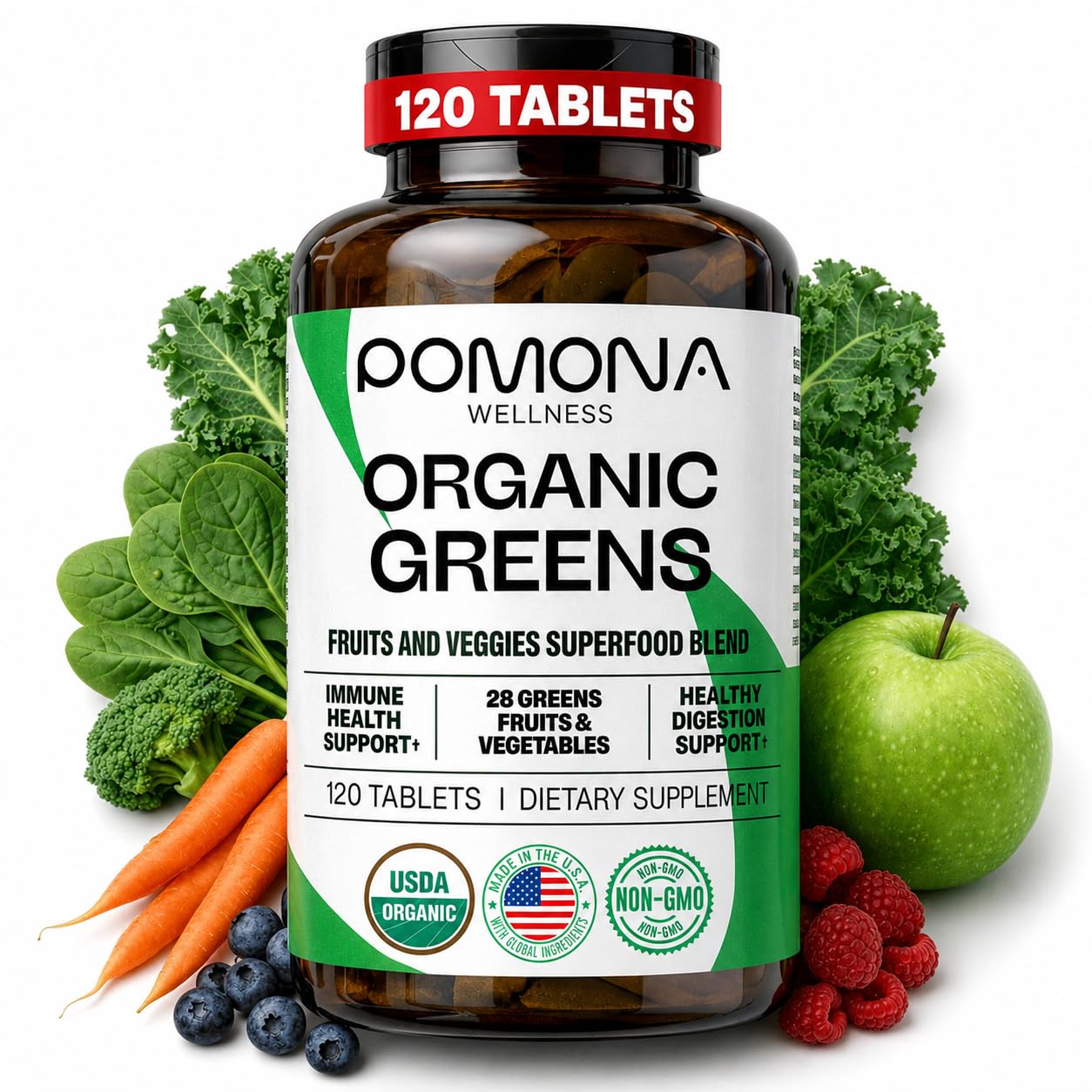 Pomona Wellness Super Greens Supplement Tablets, 120 Tablets