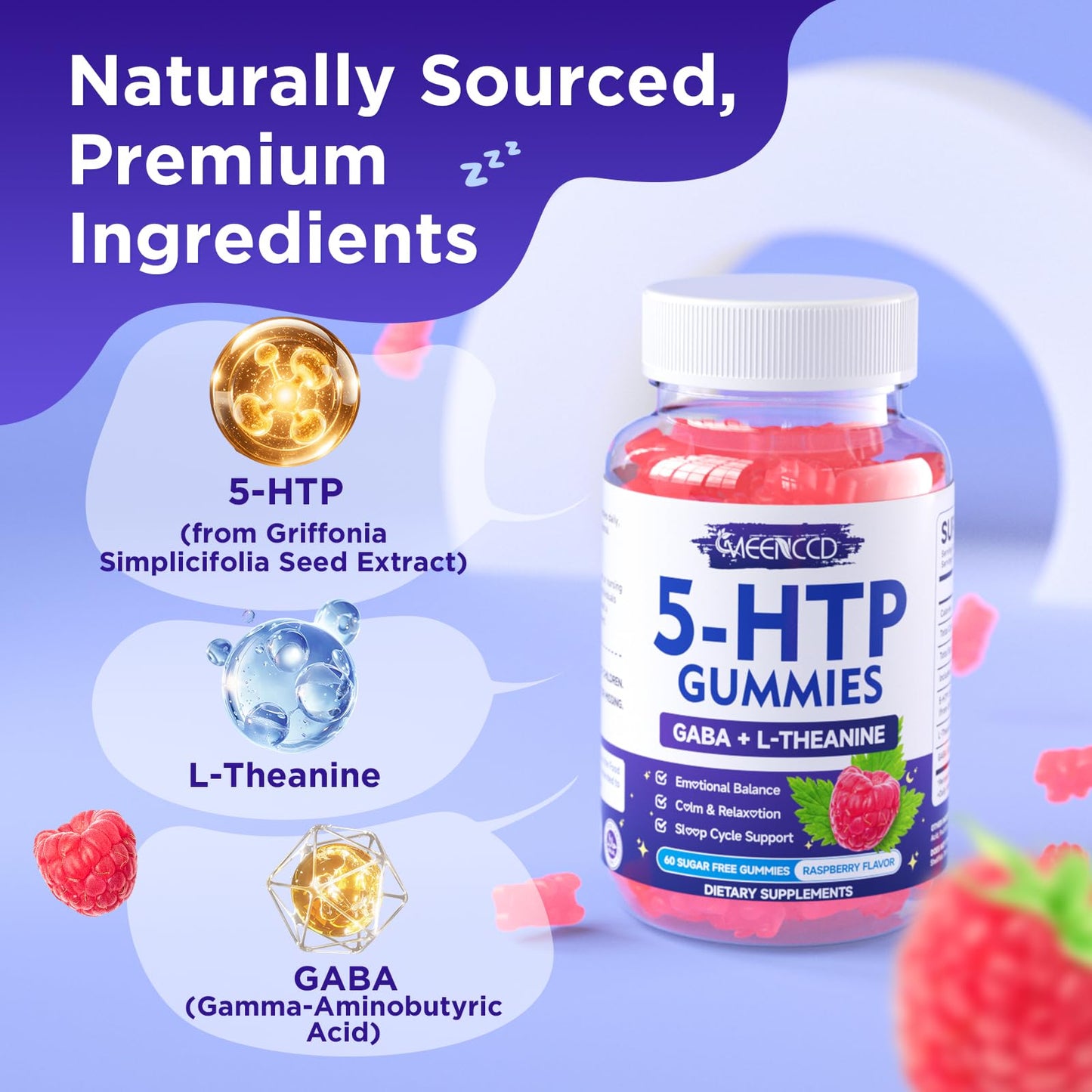 MEENCCD 5-HTP Gummies 300mg with L-Theanine & GABA, 120 Gummies