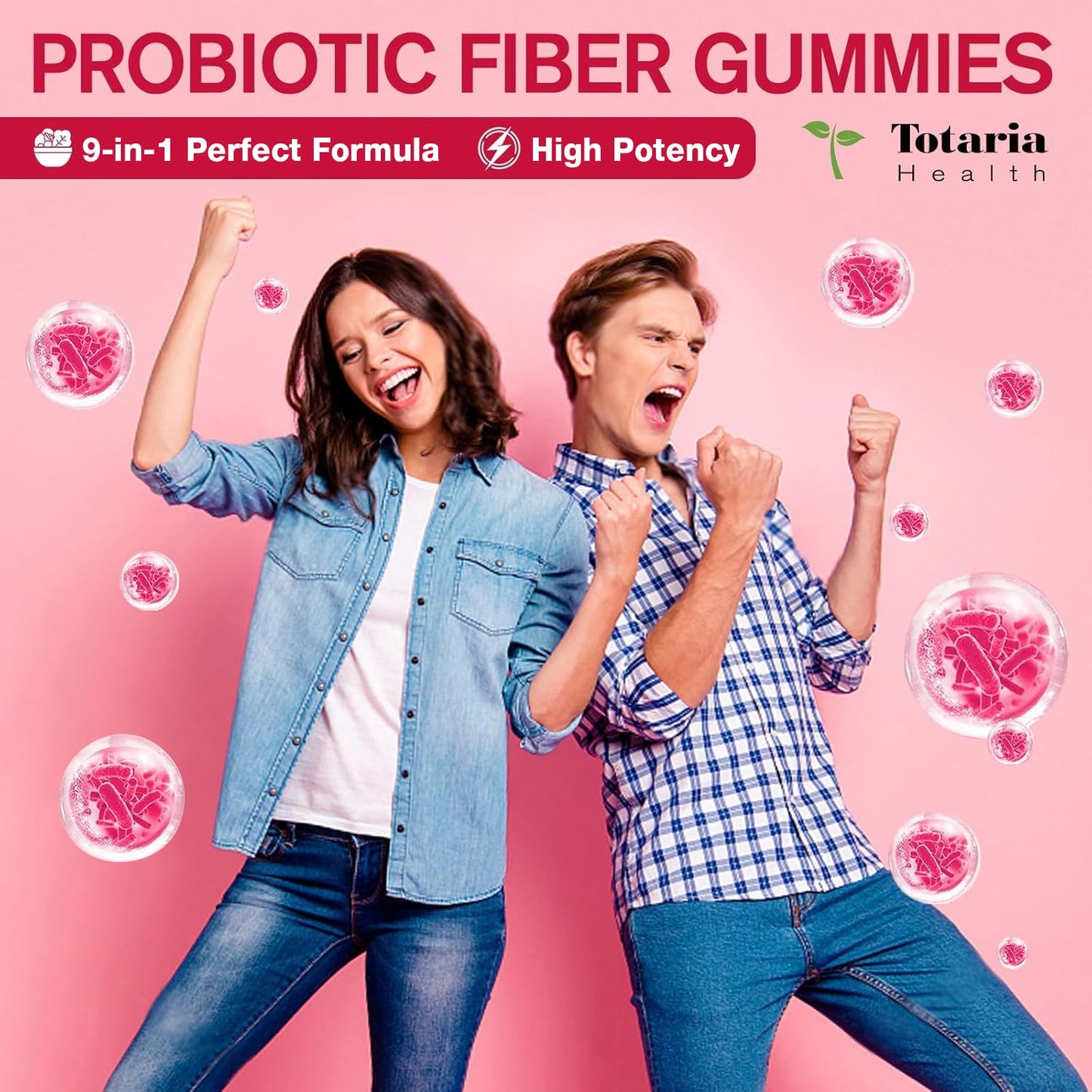 Totaria 9-in-1 Probiotic Prebiotic Fiber Gummies for Adults & Teens, Sugar-Free with Psyllium Husk, FOS, Inulin, ACV & 5 Billion CFU Bacillus Coagulans, 60 Gummies