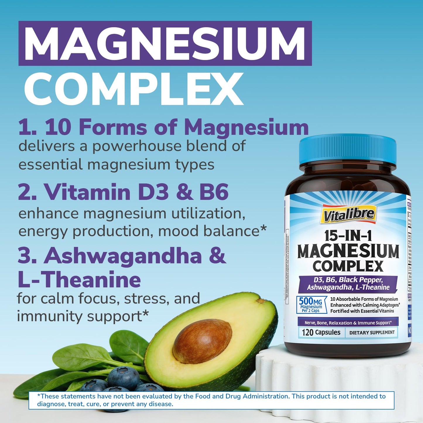 Vitalibre 15 in 1 Magnesium Complex for Women Men Capsules, 120 Count