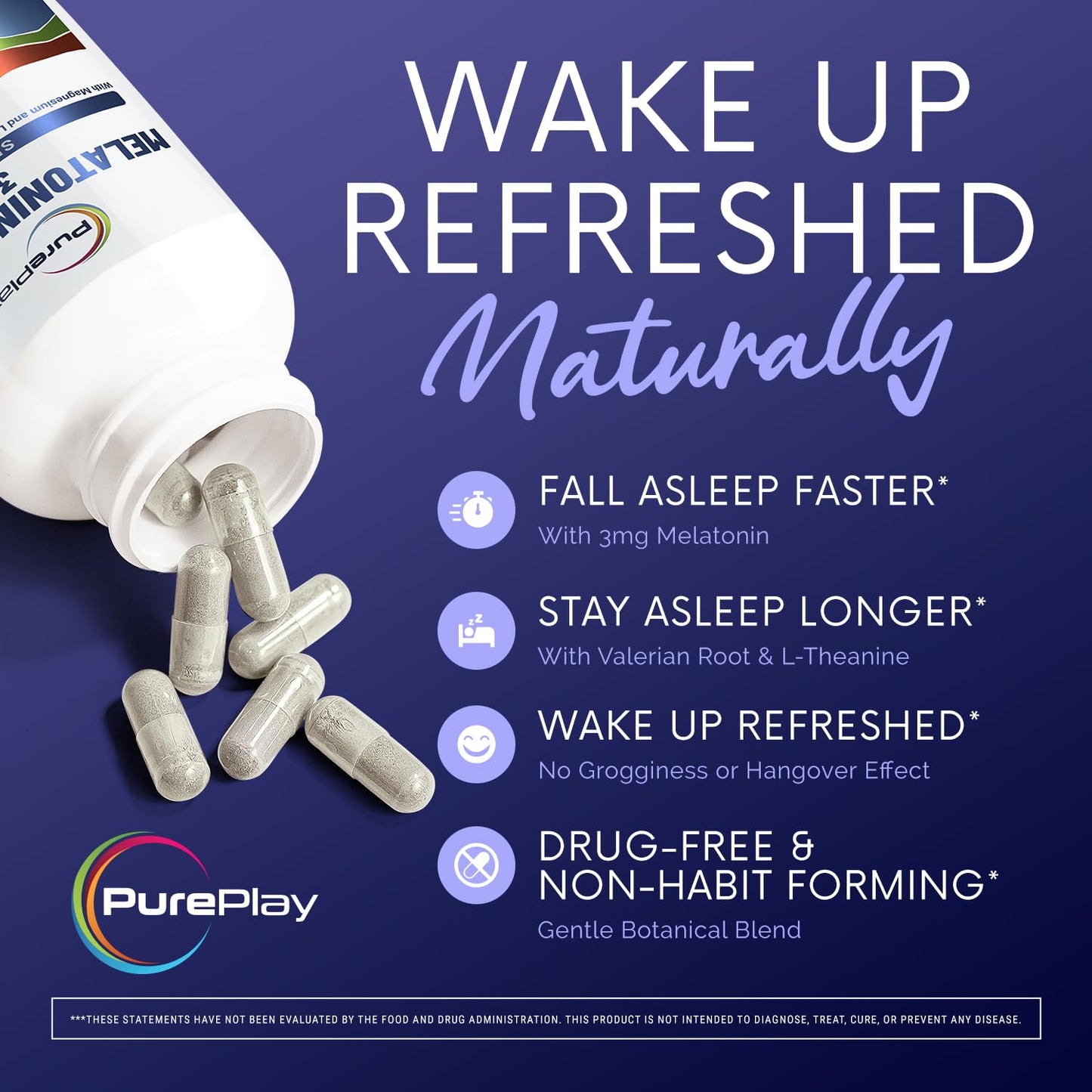 PurePlay Sleep Aids for Adults Melatonin 3mg Complex with Magnesium and Ashwagandha, Non-Habit Forming Sleep Supplement Capsule, 60 Count