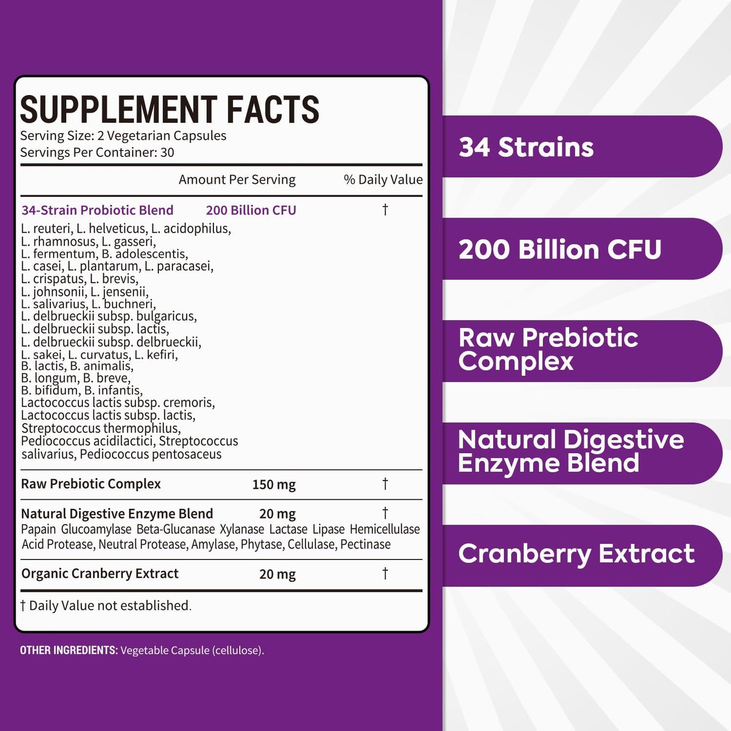 Surebounty Women's Probiotic 200 Billion CFU with Prebiotics, Digestive Enzymes & Cranberry, 60 Capsules