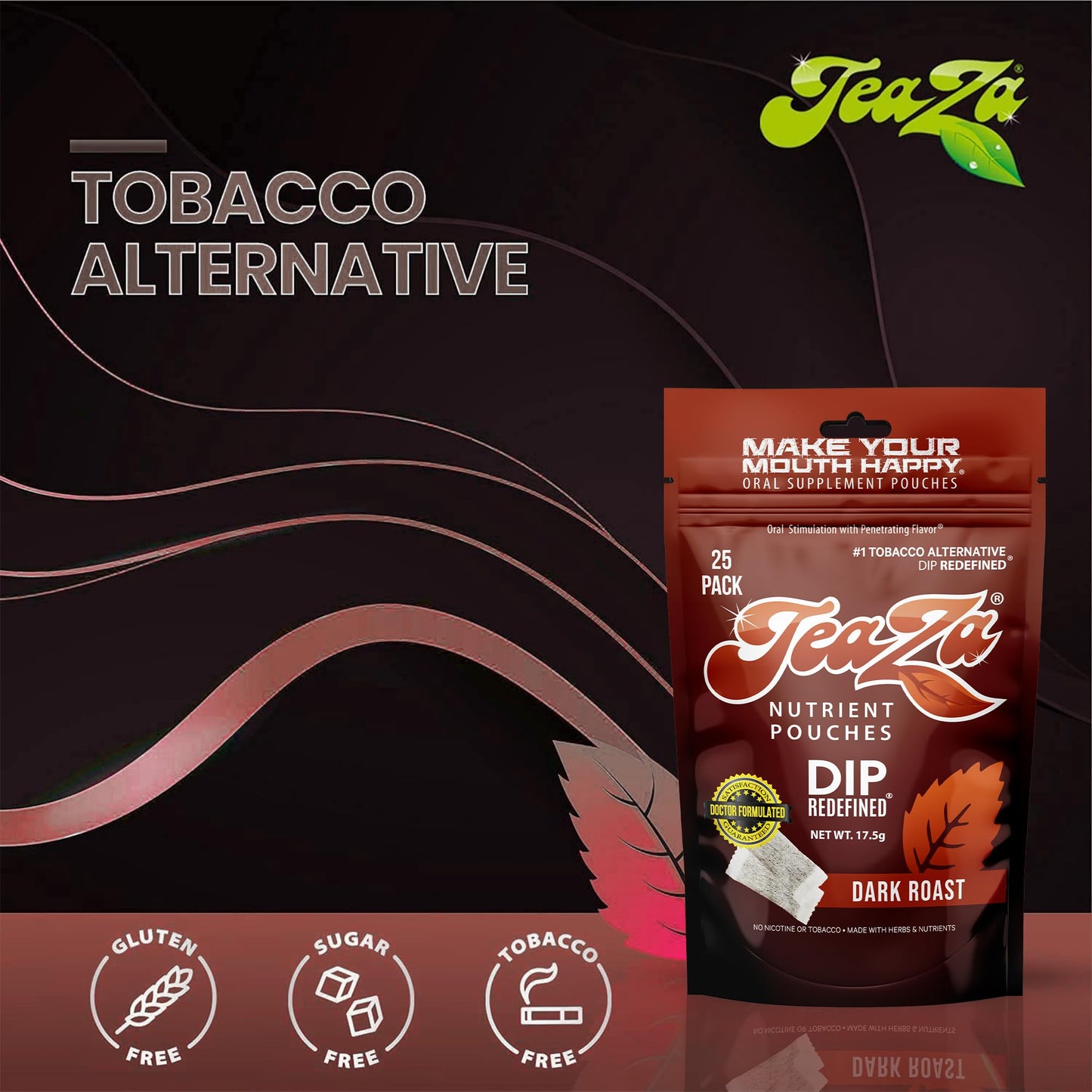 TeaZa Energy Pouches, Tobacco-Free Nicotine-Free Dip, Dark Roast, 100 Pouches