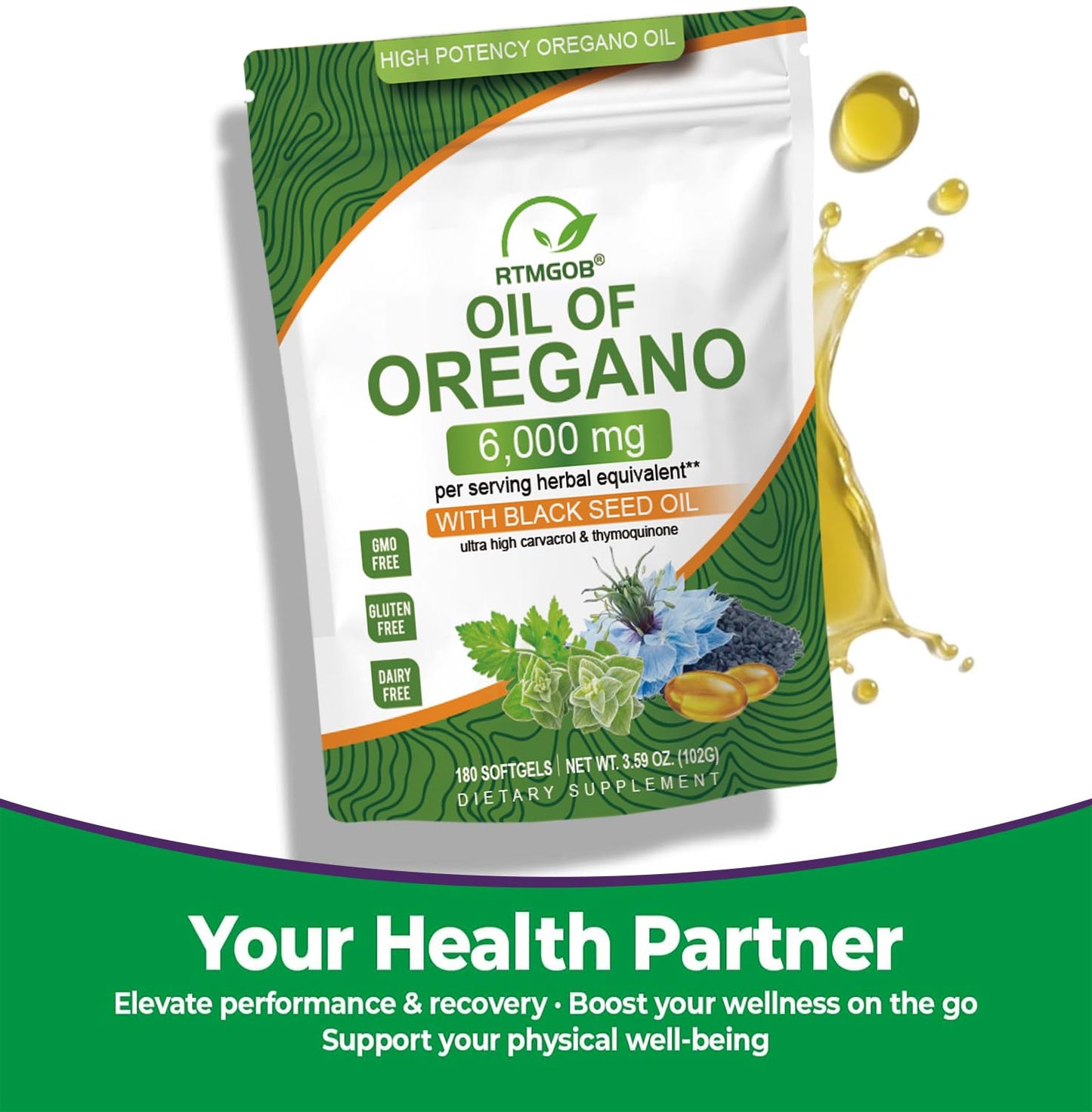 RTMGOB Oil of Oregano Softgels with Black Seed Oil, 180 Softgels
