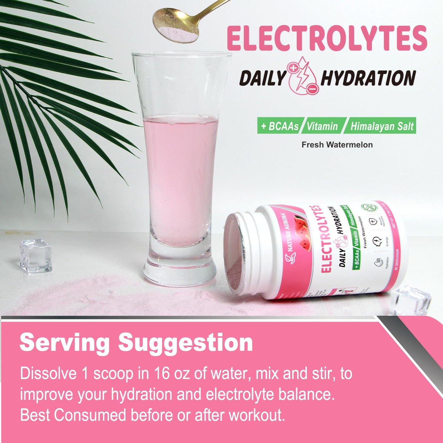 Nature Aurora Electrolytes Powder No Sugar, Fresh Watermelon Flavor, 90 Servings, 11.1 oz