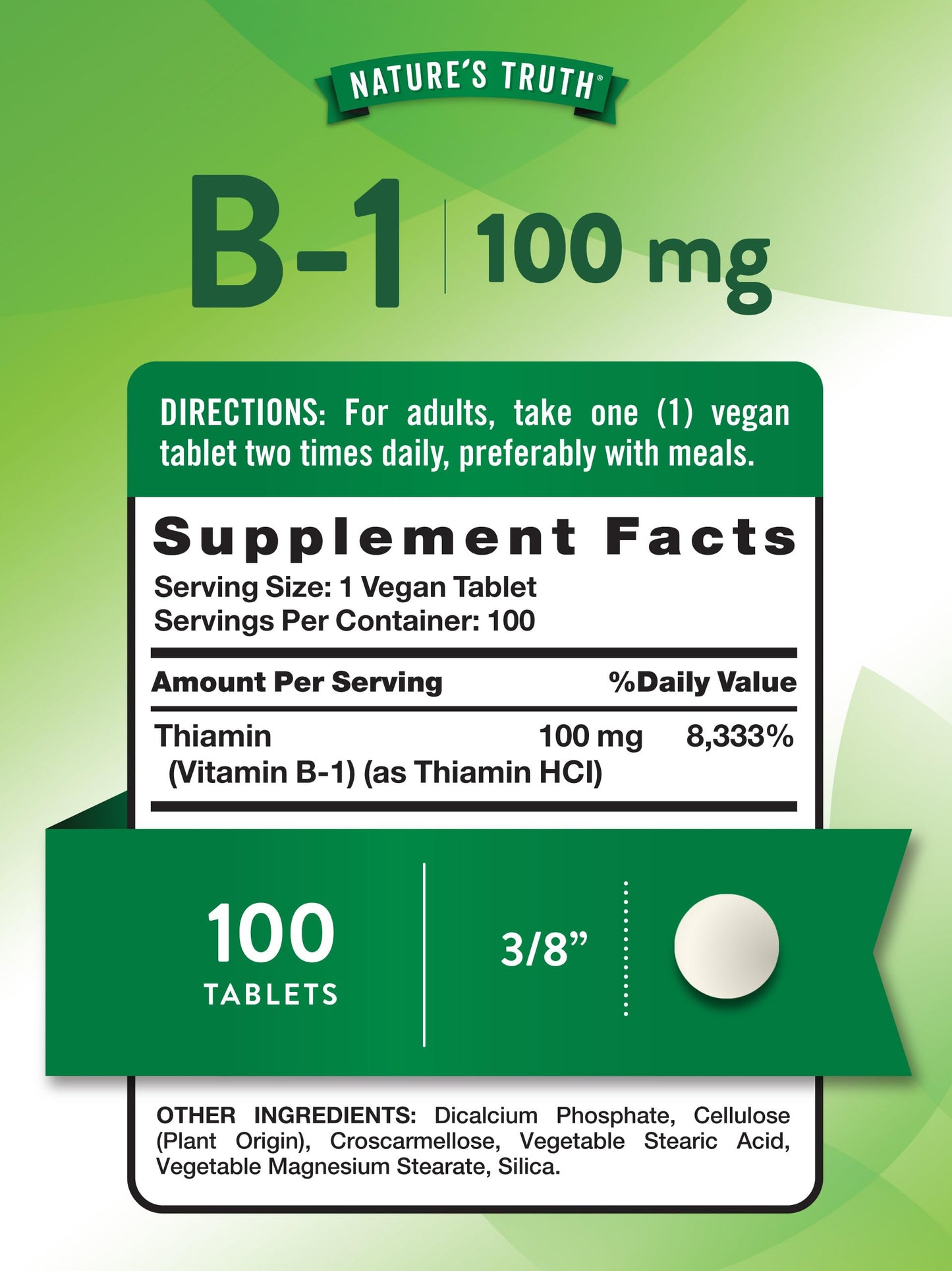 Nature's Truth Vitamin B1 100mg (Thiamine) Tablet, 100 Count