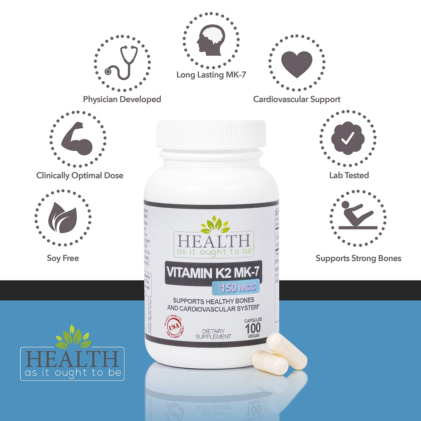 Health As It Ought To Be Vitamin K2 MK-7 150 mcg Supplement – Supports Bone and Cardiovascular Health – Soy-Free, Works with Vitamin D3 Capsule, 100 Count