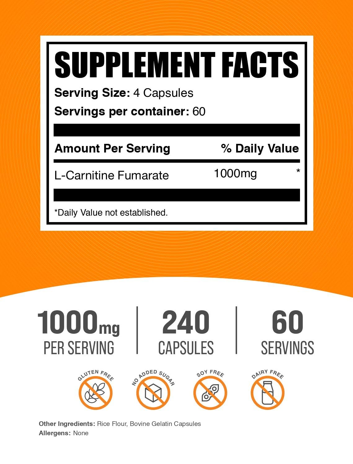 BulkSupplements L-Carnitine Fumarate Capsules 240 Count