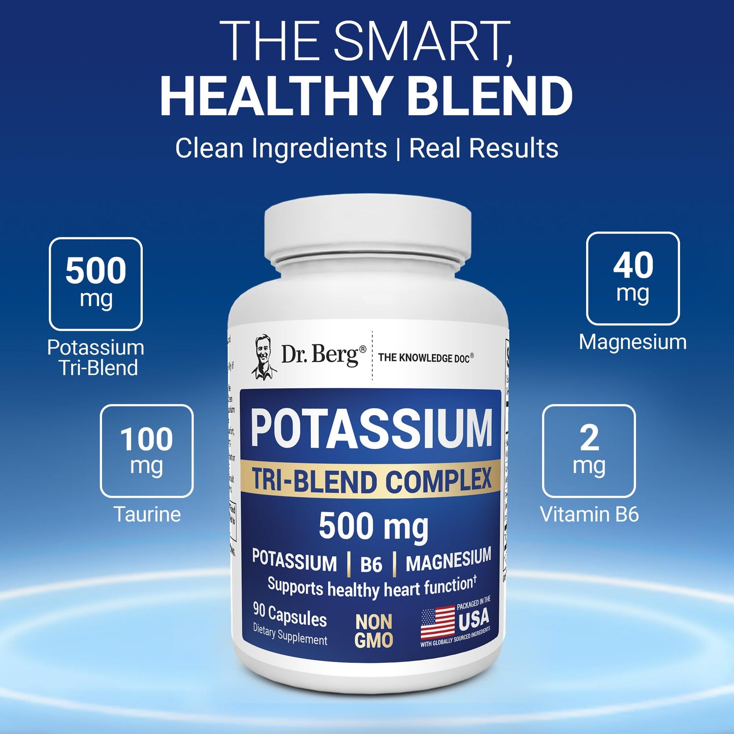 Dr. Berg Nutritionals Potassium Tri-Blend Complex 500 mg Potassium Supplement Capsules, 90 Count