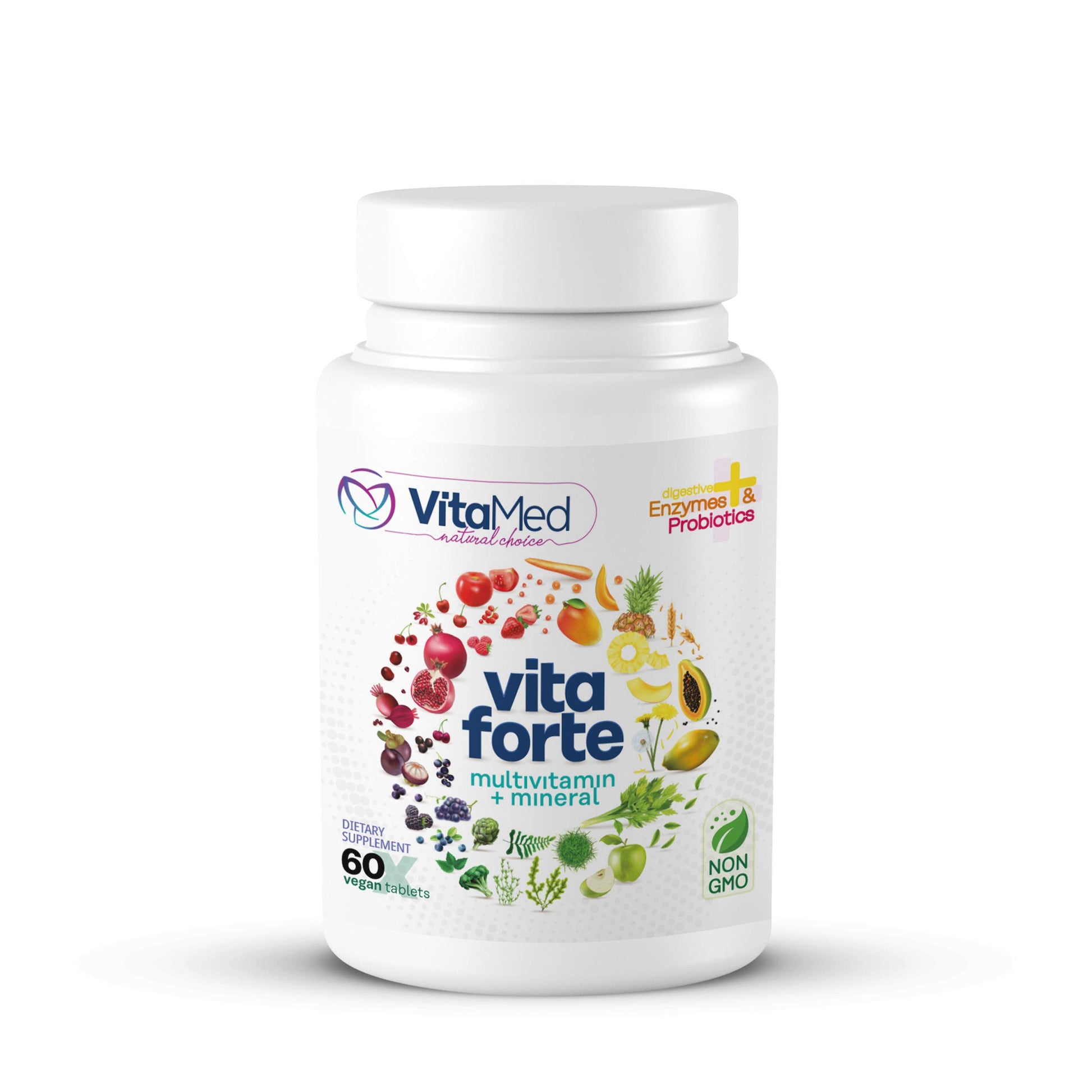 VitaMed Vita Forte Vegan Multivitamin with Probiotics, Digestive Enzymes & 42 Fruits & Vegetables Tablets, 60 Count