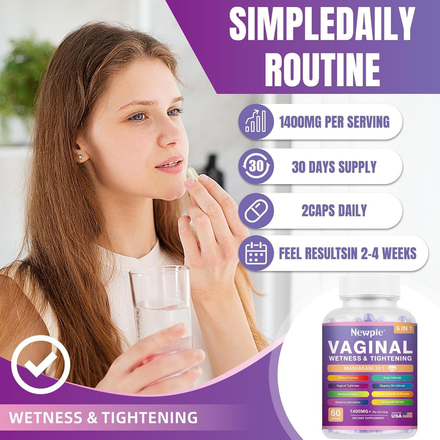 SUWENY Vaginal Moisturizer & Tightening Capsules - Kacip Fatimah 1,000mg & Manjakni 200mg, 60 Count
