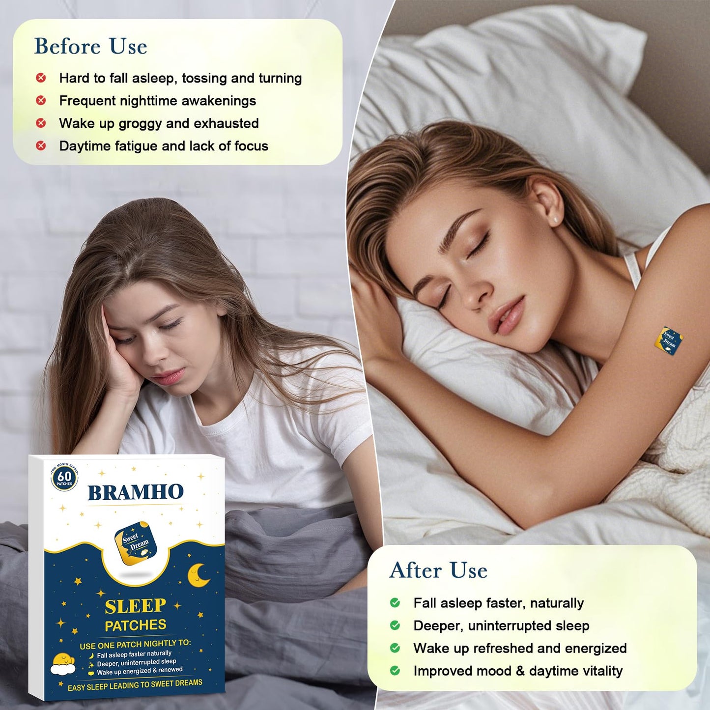 BRAMHO Sleep Patches for Adults with Melatonin, Magnesium and Sour Cherry Extract - Plant-Based Sleep Aid Caplets 40 Count