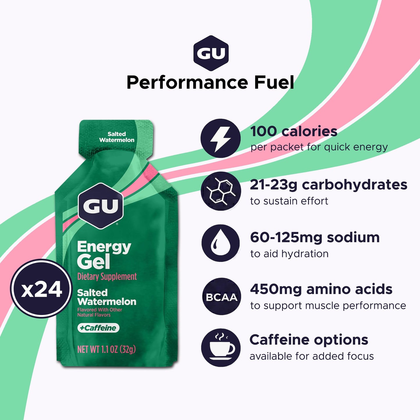 GU Energy Original Sports Nutrition Energy Gel, Salted Watermelon, 26.4 Oz, 24 Count