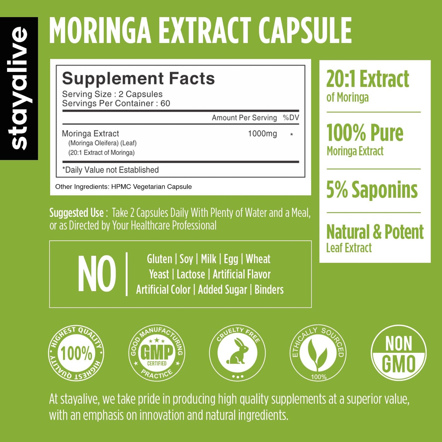 STAY ALIVE Moringa Capsules 1000mg 20:1 Extract, 120 Count