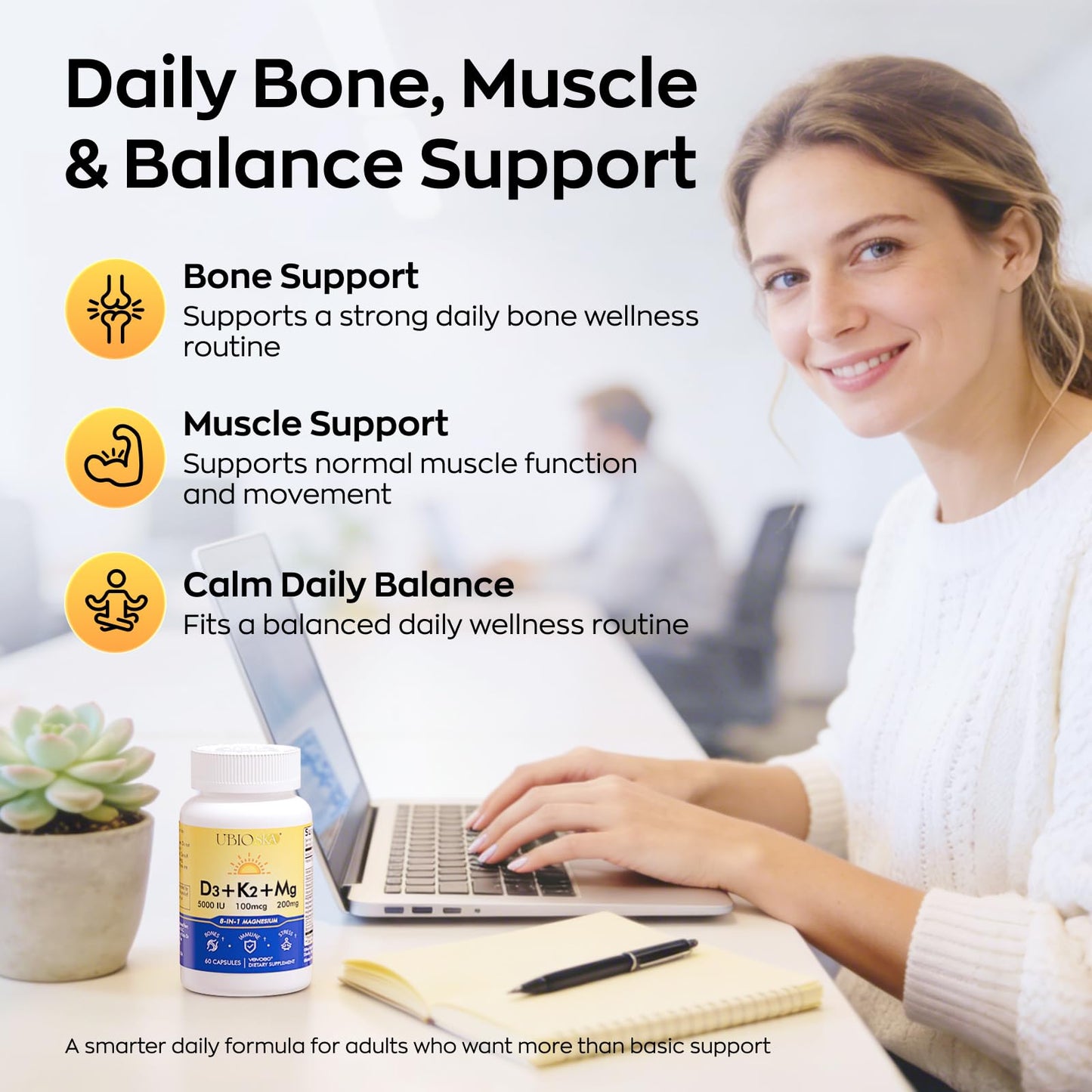 UBIOSKA Vitamin D3 K2 Magnesium Capsule, 5000 IU Vitamin D3 & MK-7 K2, 60 Capsules