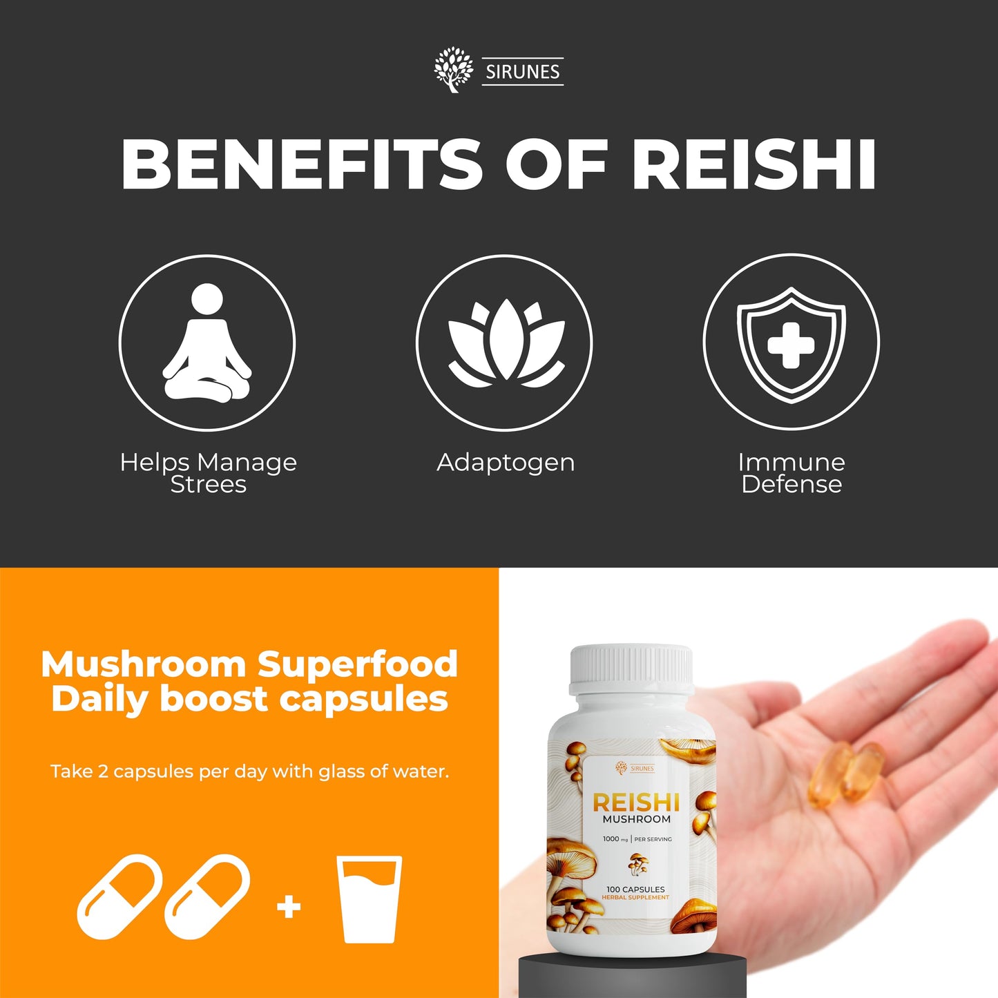SIRUNES Reishi Mushroom Capsules 100 Count