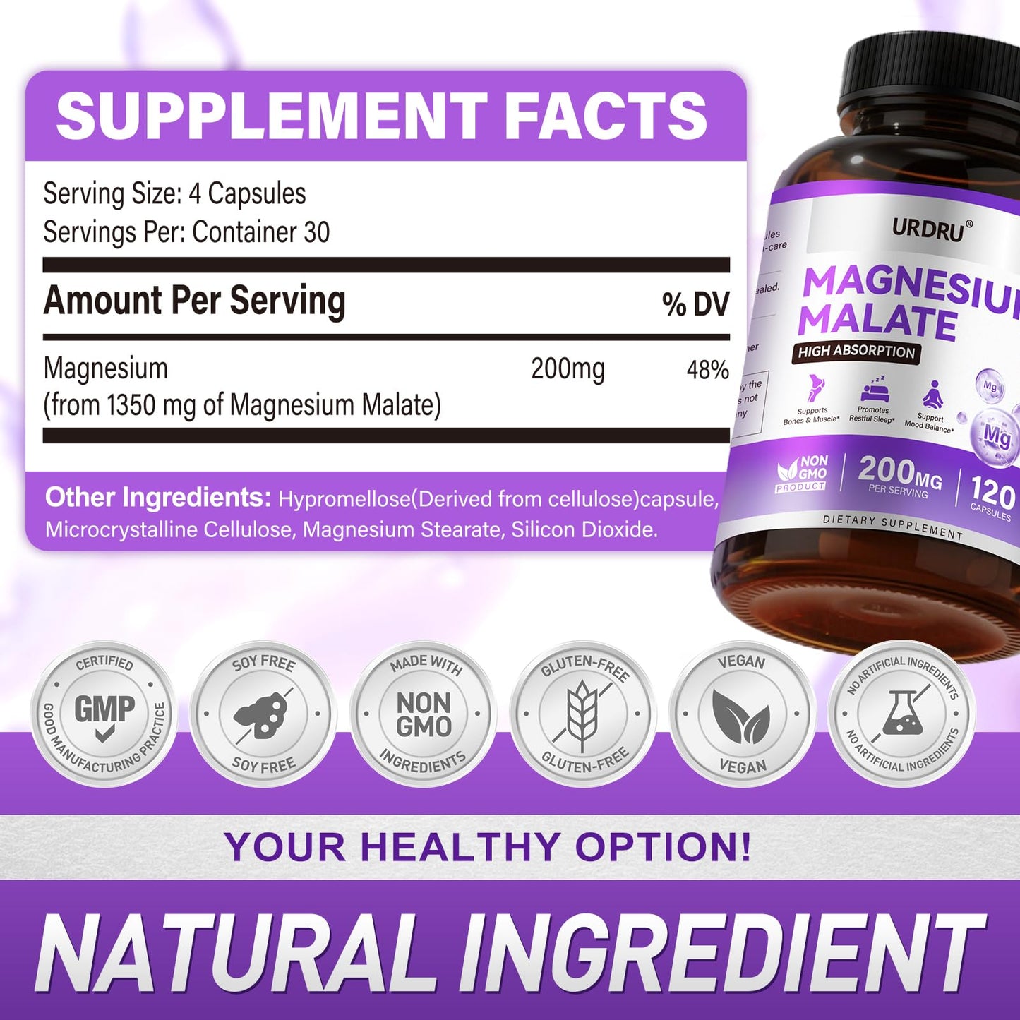 URDRU Magnesium Malate Capsule, 120 Capsules, 1350mg Magnesium Malate per Capsule (200mg Elemental Magnesium), Vegan, Non-GMO, Gluten-Free