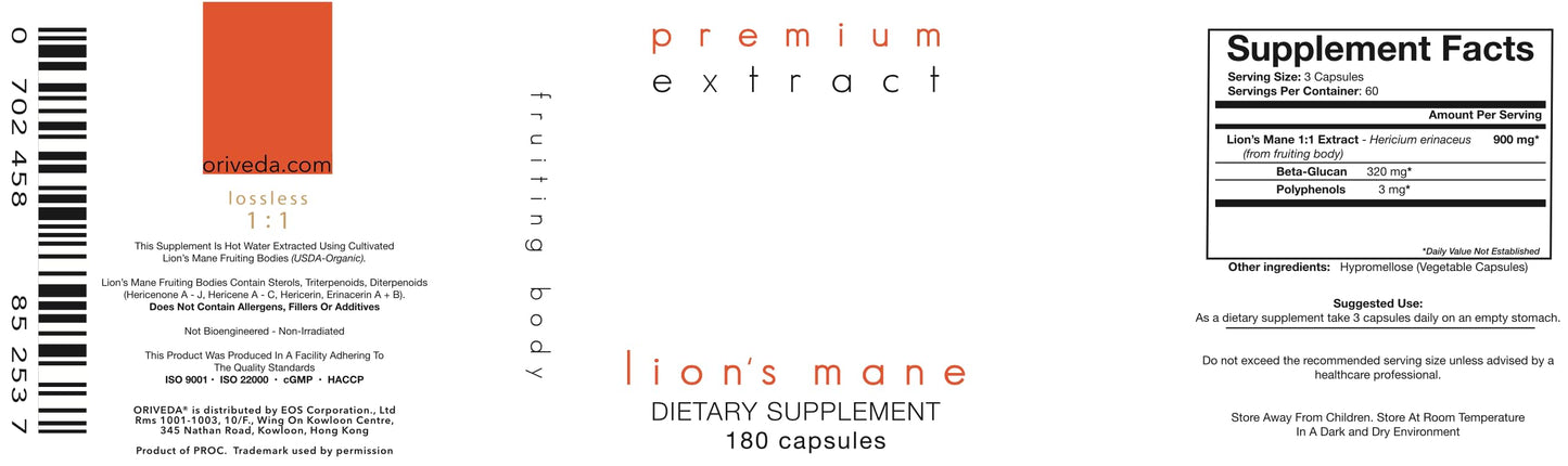 ORIVeDA Lion’s Mane Organic Mushroom Extract Capsules 120 Count