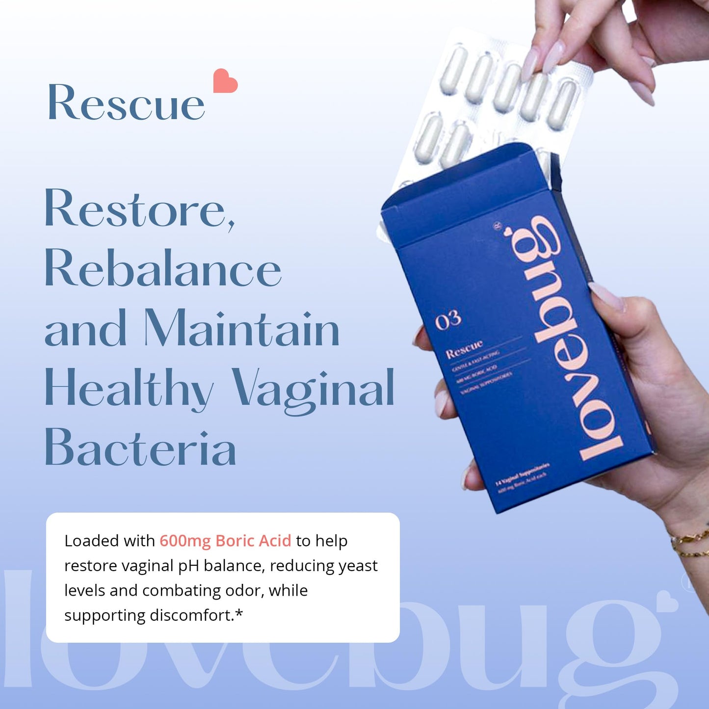 LoveBug Women's Health Rescue Vaginal Boric Acid Suppositories for Women Capsule, 14 Capsules