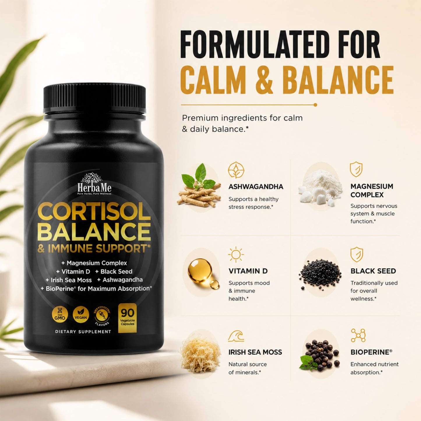 HerbaMe Stress Support Supplement for Calm Mood & Natural Cortisol Balance Capsules 90 Count