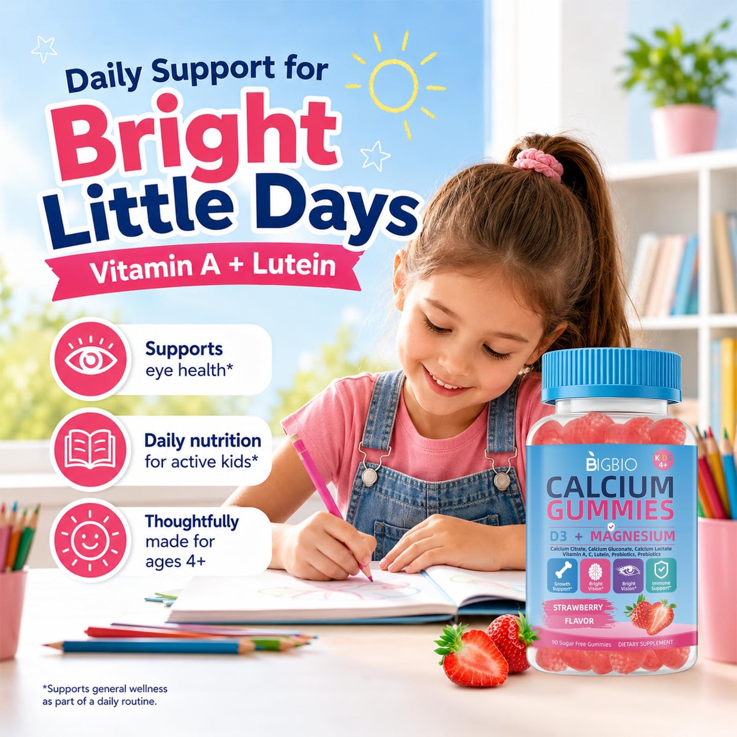 BIGBIO Kids Calcium Gummies with D3 & Magnesium, Probiotics & Prebiotics, Bone & Muscle Support, Vision & Immune Health, Sugar-Free, Strawberry Flavor, 90 Gummies