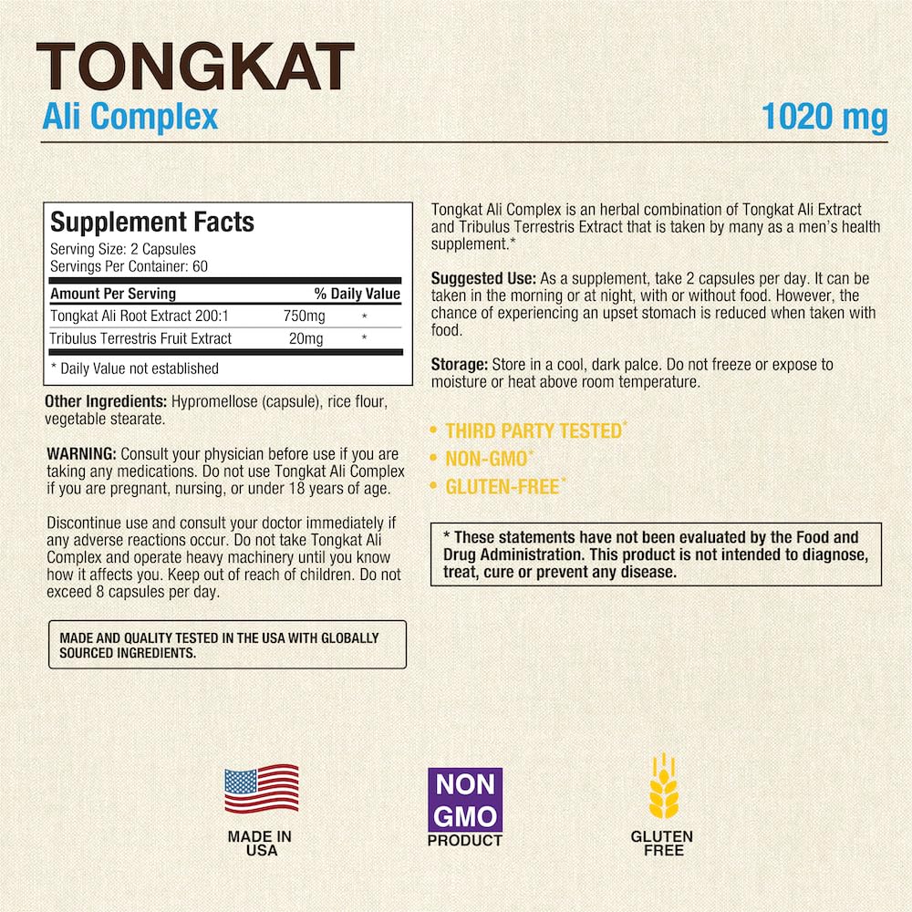 Puregen Labs Tongkat Ali Extract 200 to 1 for Men, 1020mg per Serving, High Potency with 20mg Tribulus Terrestris, 120-Count Capsules