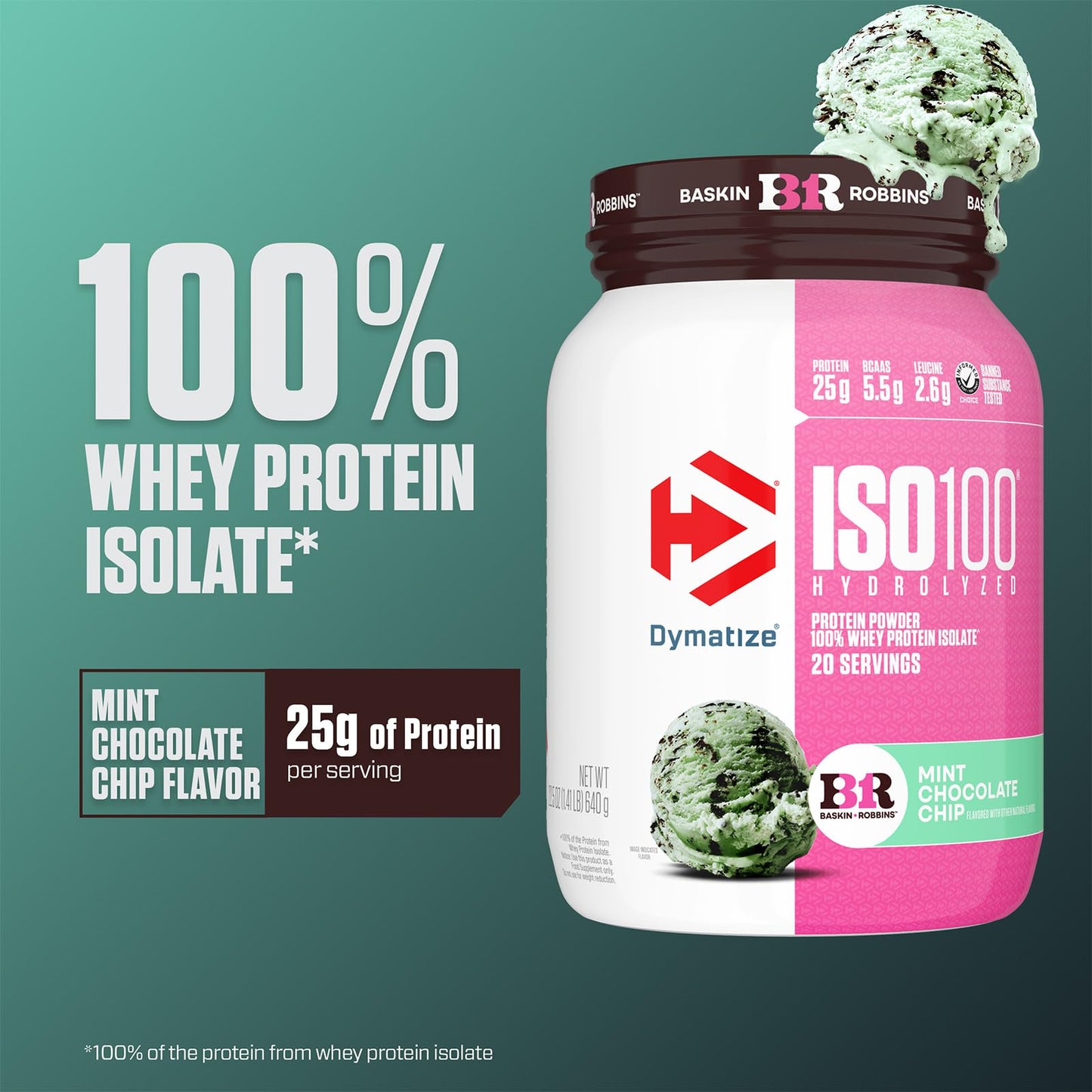 Dymatize ISO100 Whey Protein Isolate Powder, Mint Chocolate Chip, 1.4 lb