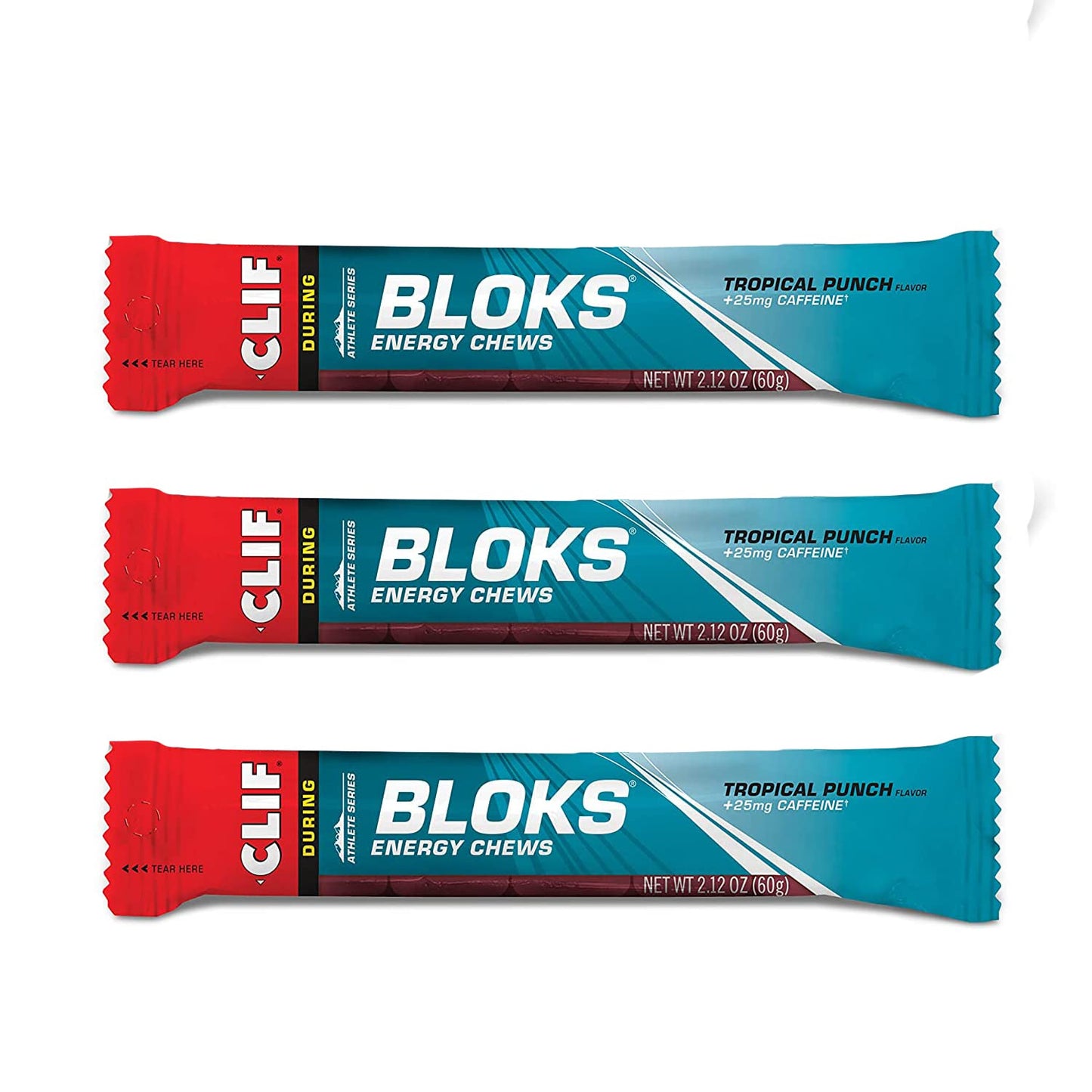 UUX CLIF BLOKS Energy Chews Tropical Punch with 25 mg Caffeine, Non-GMO, Plant-Based, Fast Fuel for Cycling and Running, Chewable, 6.3 oz (Pack of 3)