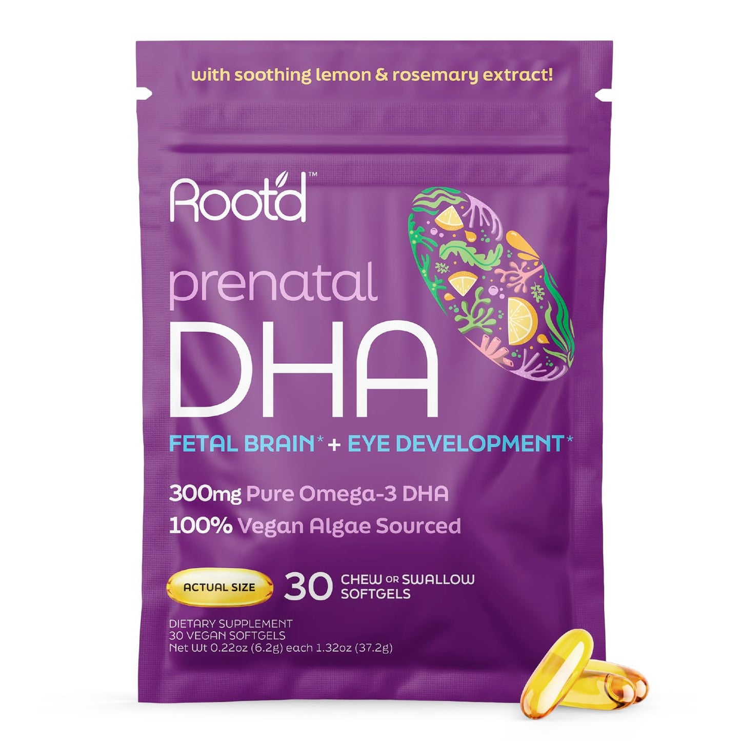 Root'd Prenatal DHA 300mg Pure Vegan Omega-3 DHA from Algal Oil, Plant-Based Prenatal Supplement for Pregnancy, Fetal Brain & Eye Development, Non-GMO, Lemon & Rosemary Flavor, 30 Softgels