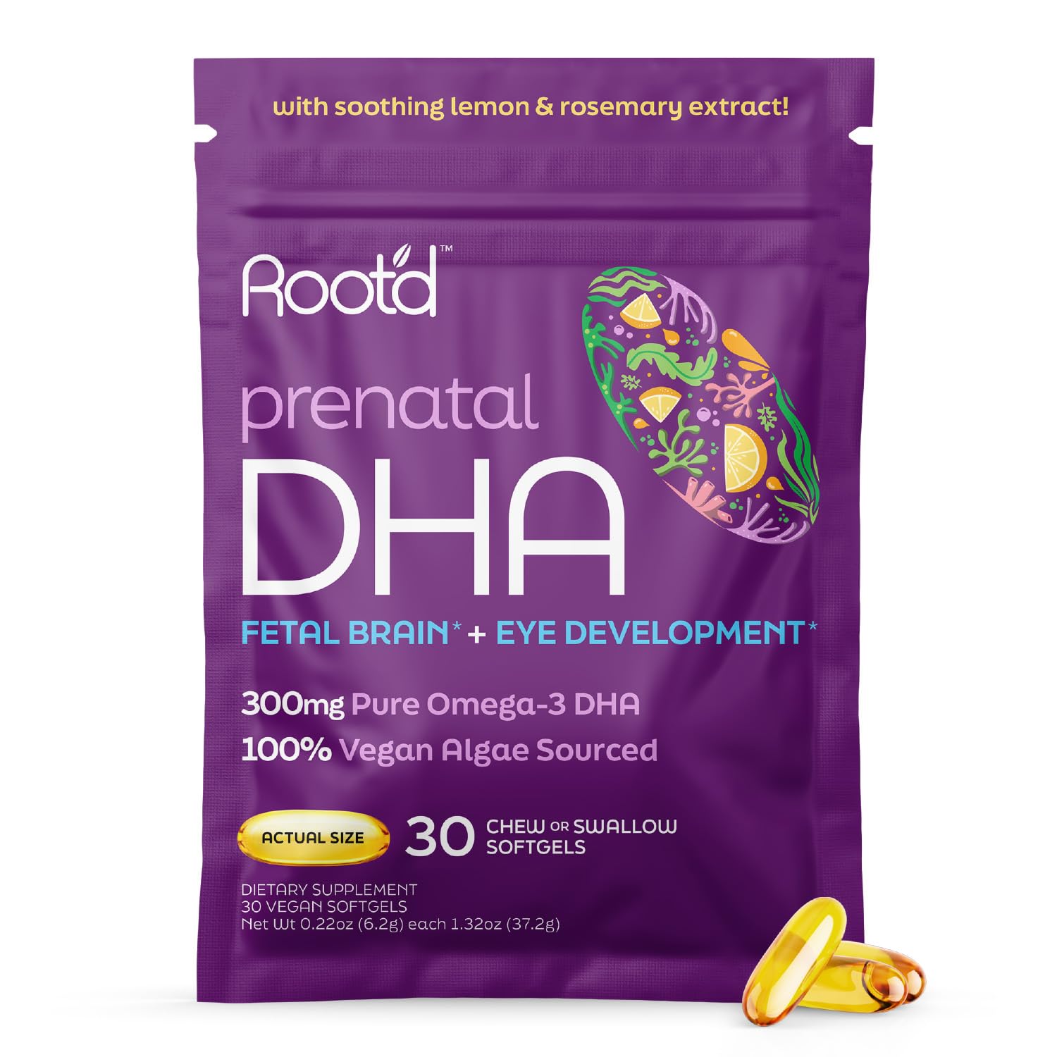 Root'd Prenatal DHA 300mg Pure Vegan Omega-3 DHA from Algal Oil, Plant-Based Prenatal Supplement for Pregnancy, Fetal Brain & Eye Development, Non-GMO, Lemon & Rosemary Flavor, 30 Softgels