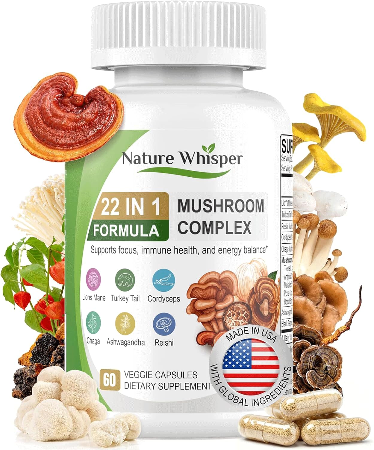 Nature Whisper Lions Mane Mushroom Capsules with Ashwagandha, 60 Count