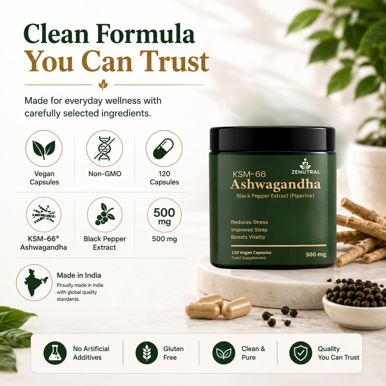 Zenutral KSM-66 Ashwagandha 500mg with Black Pepper (Piperine) – Stress, Sleep & Cortisol Support – Calm Energy, Focus & Mood – Non-GMO Vegan, 120 Capsules