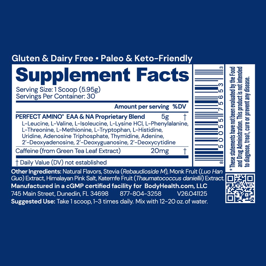 BodyHealth PerfectAmino Powder BCAA & EAA - Pre & Post Workout Amino Acid Energy Drink, Mocha, 6.34 oz