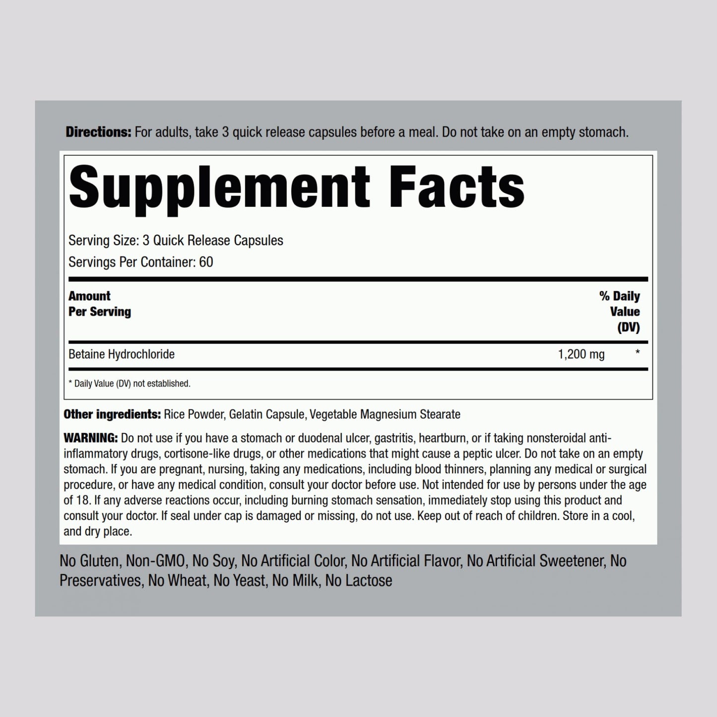 Piping Rock Betaine HCL 1200mg Capsules, 180 Count
