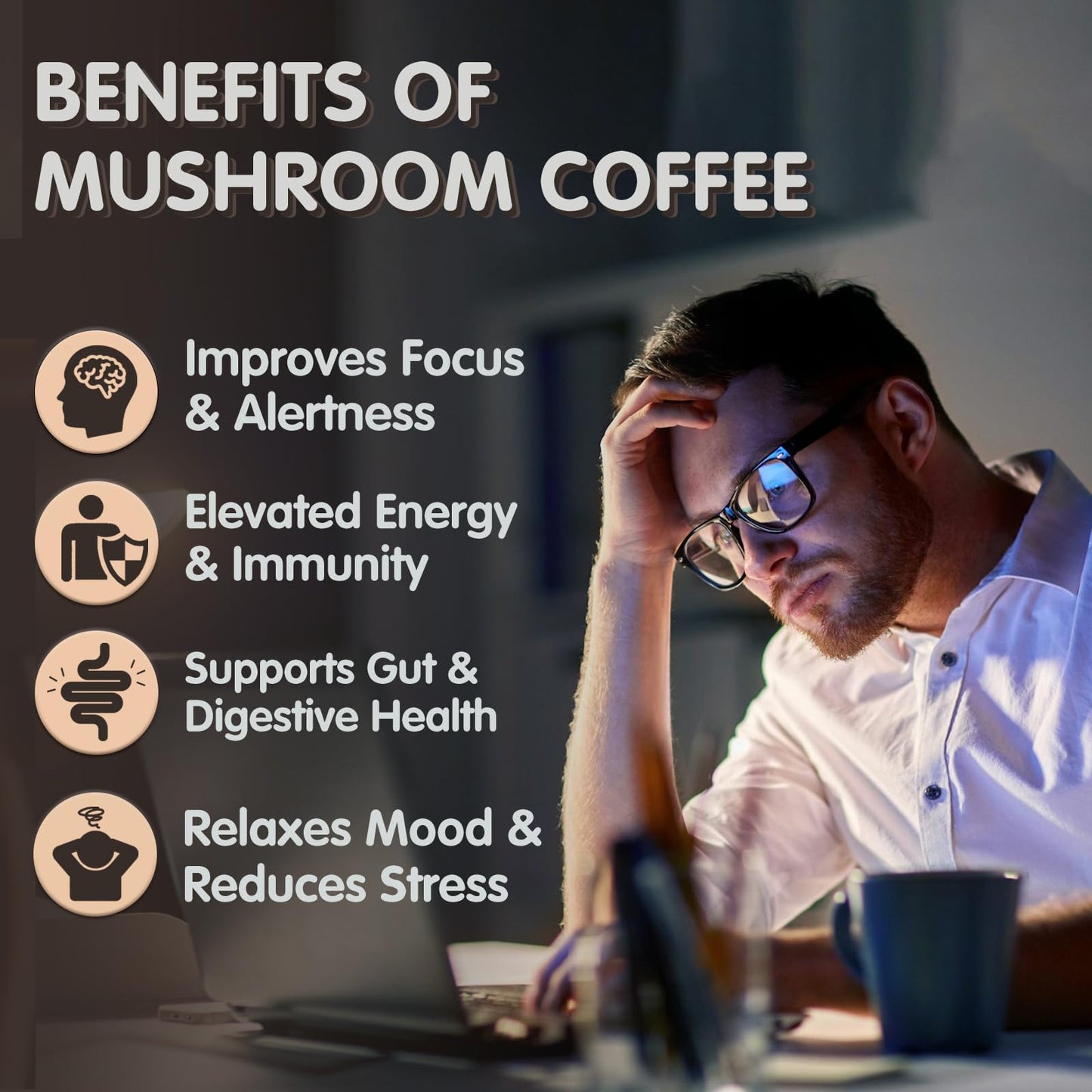 Balincer Mushroom Coffee Powder 6.35 Ounce - 6 Adaptogenic Mushrooms (Lion's Mane, Cordyceps, Turkey Tail & Other)