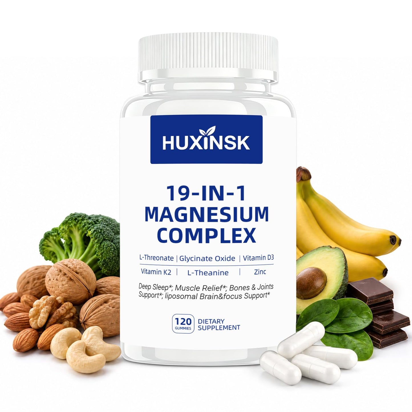 HUXINSK 19-in-1 Magnesium Complex 1000 mg – L-Threonate, Glycinate, Malate with Ashwagandha, L-Theanine, D3+K2, CoQ10, Zinc, Vitamin C, B6 & B12 – High Absorption Capsule 120 Count