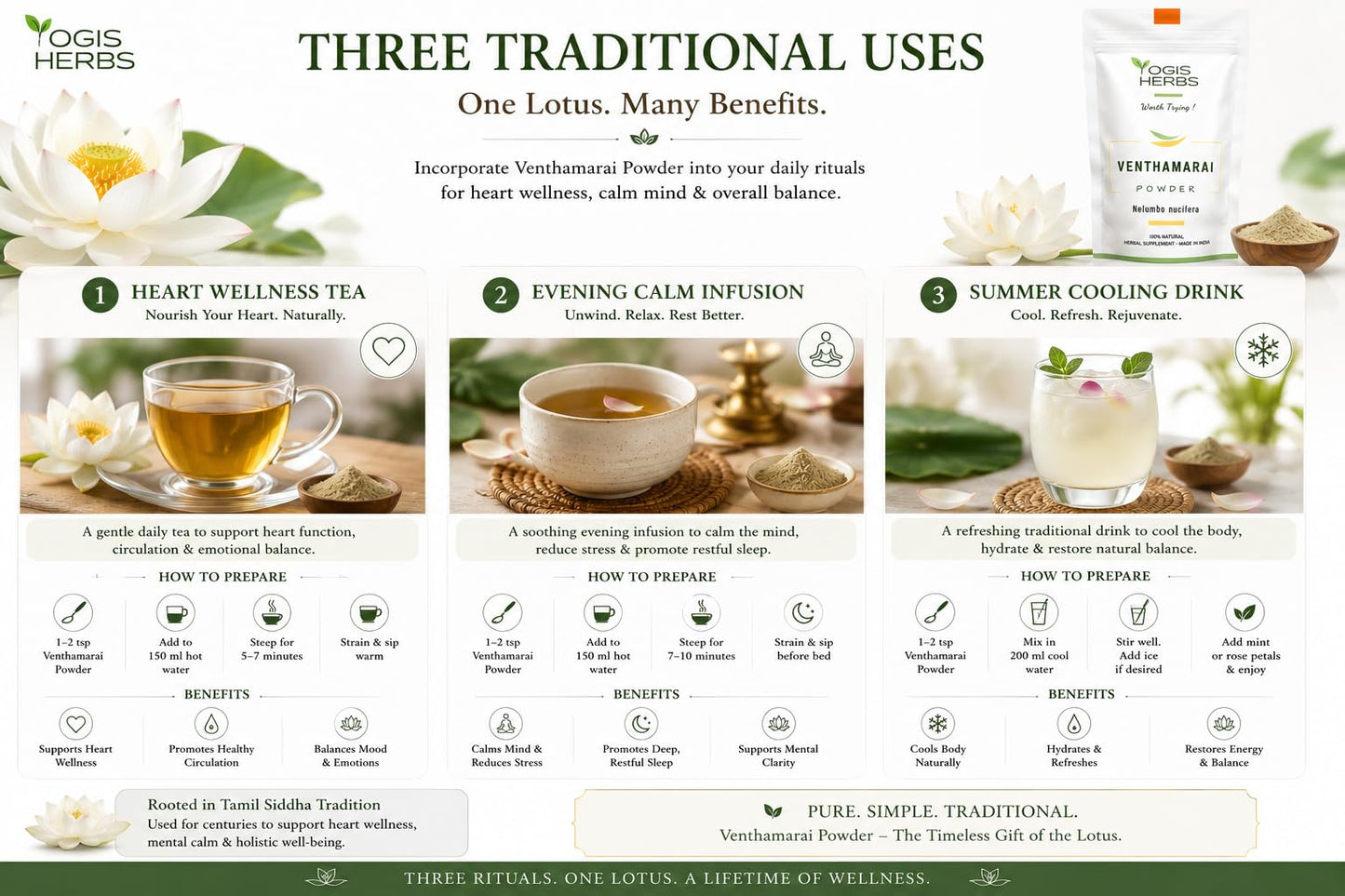 YOGIS HERBS Venthamarai Powder, White Lotus (Nelumbo Nucifera/Sacred Lotus/Padma) - Traditional Tamil Siddha Herb for Heart Wellness, Supports Calm Mind & Restful Sleep - Pure Petal Powder, 16