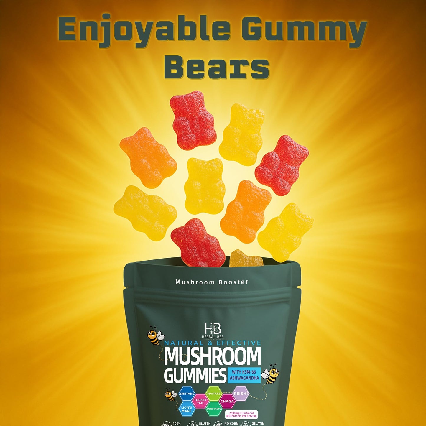 Herbal Bee Organic Ashwagandha & Lions Mane Mushroom Gummies, 80 Gummies