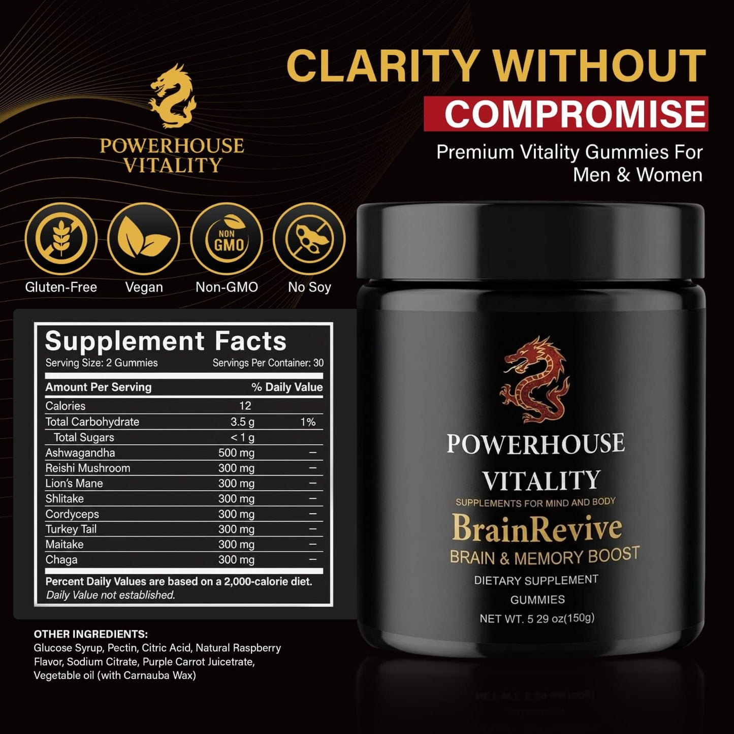 Powerhouse Vitality BrainRevive Lion's Mane Mushroom Gummies for Adults 60 Count