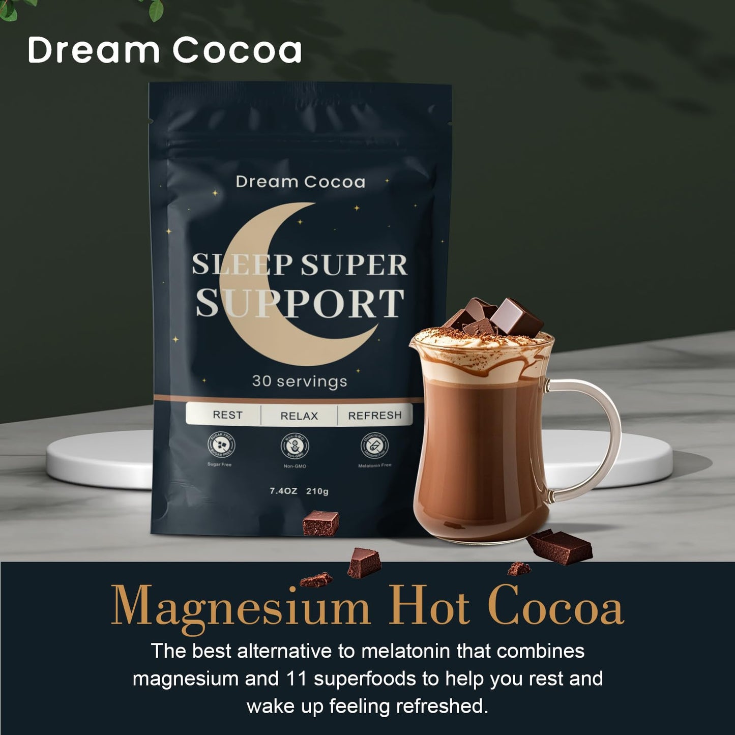 Dream Cocoa Magnesium Hot Cocoa Powder, 7.4 oz, Melatonin-Free Sleep Support with Reishi Mushroom, L-Theanine & Zinc Glycinate