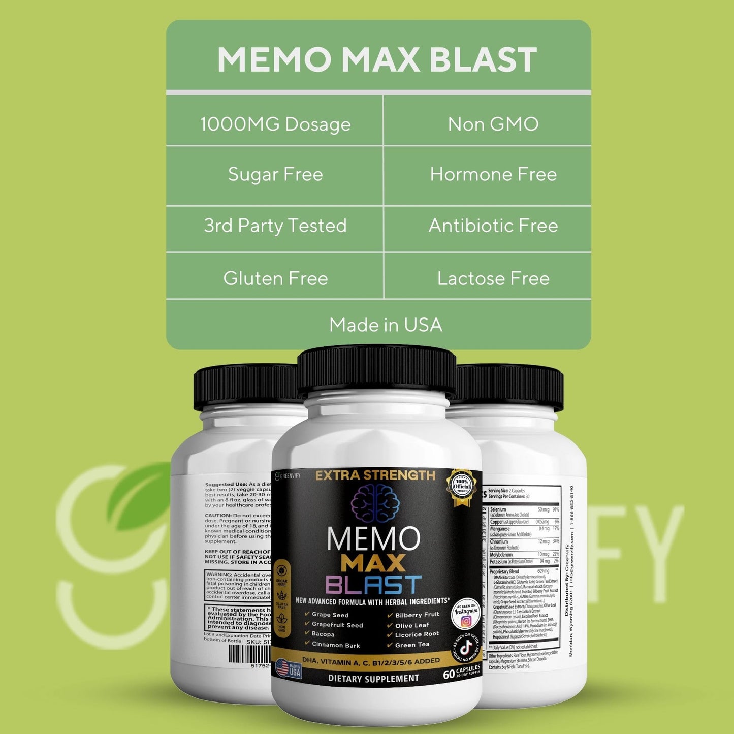GREENVIFY Memo Max Blast Extra Strength Brain Supplement 60 Capsules