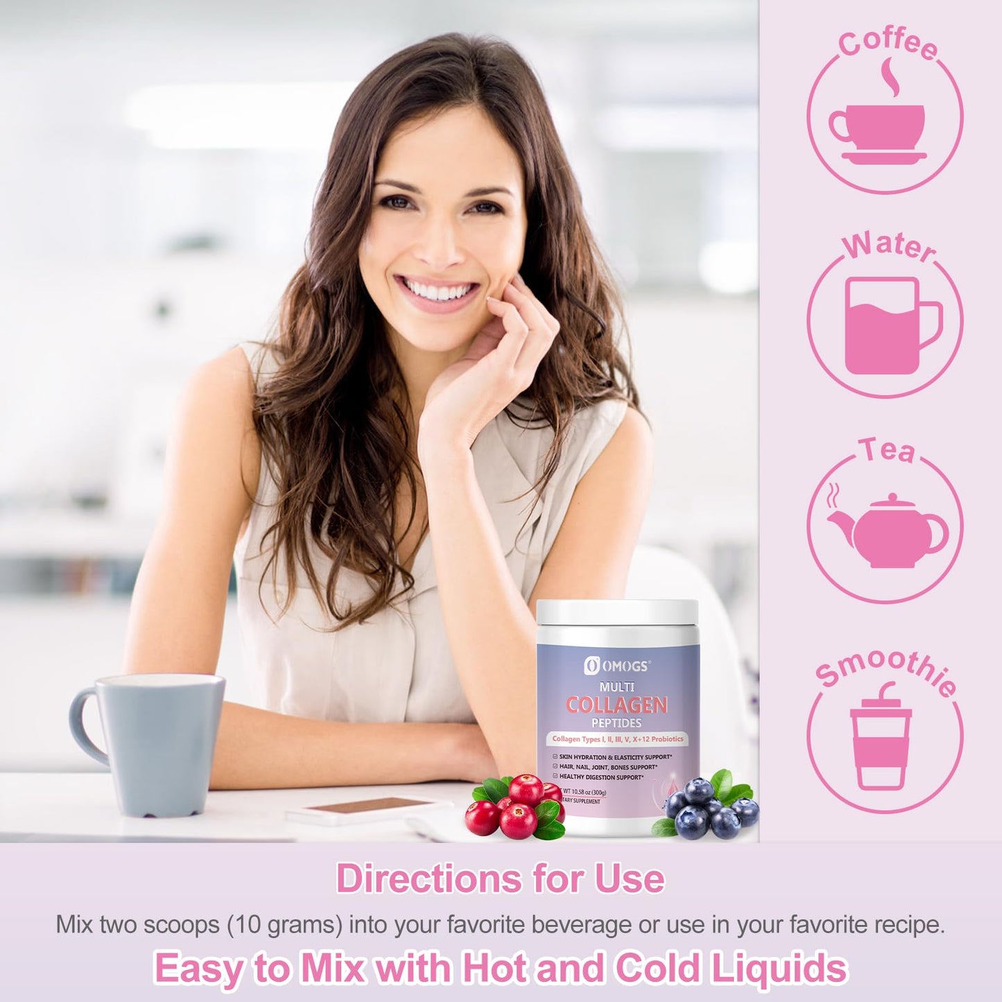 OMOGS Hydrolyzed Collagen Peptide Powder with Prebiotics, Vitamin C & Cranberry Extract, 1 Ounce