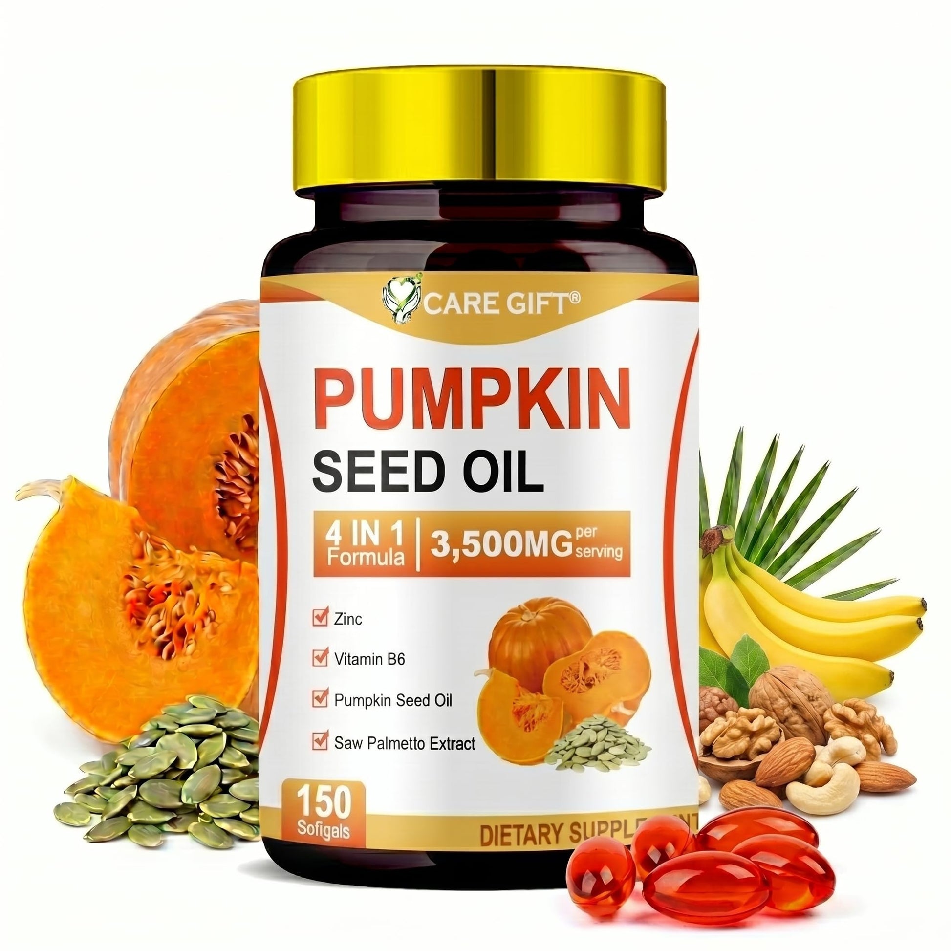 CARE GIFT Pumpkin Seed Oil with Saw Palmetto, Zinc Vitamin B6, 3500mg 4-in-1 Advanced Formula, Cold Pressed Essential Fatty Acids Phytosterols, Supports Immune Hair Urinary Bladder Prostate Health Softgels 150