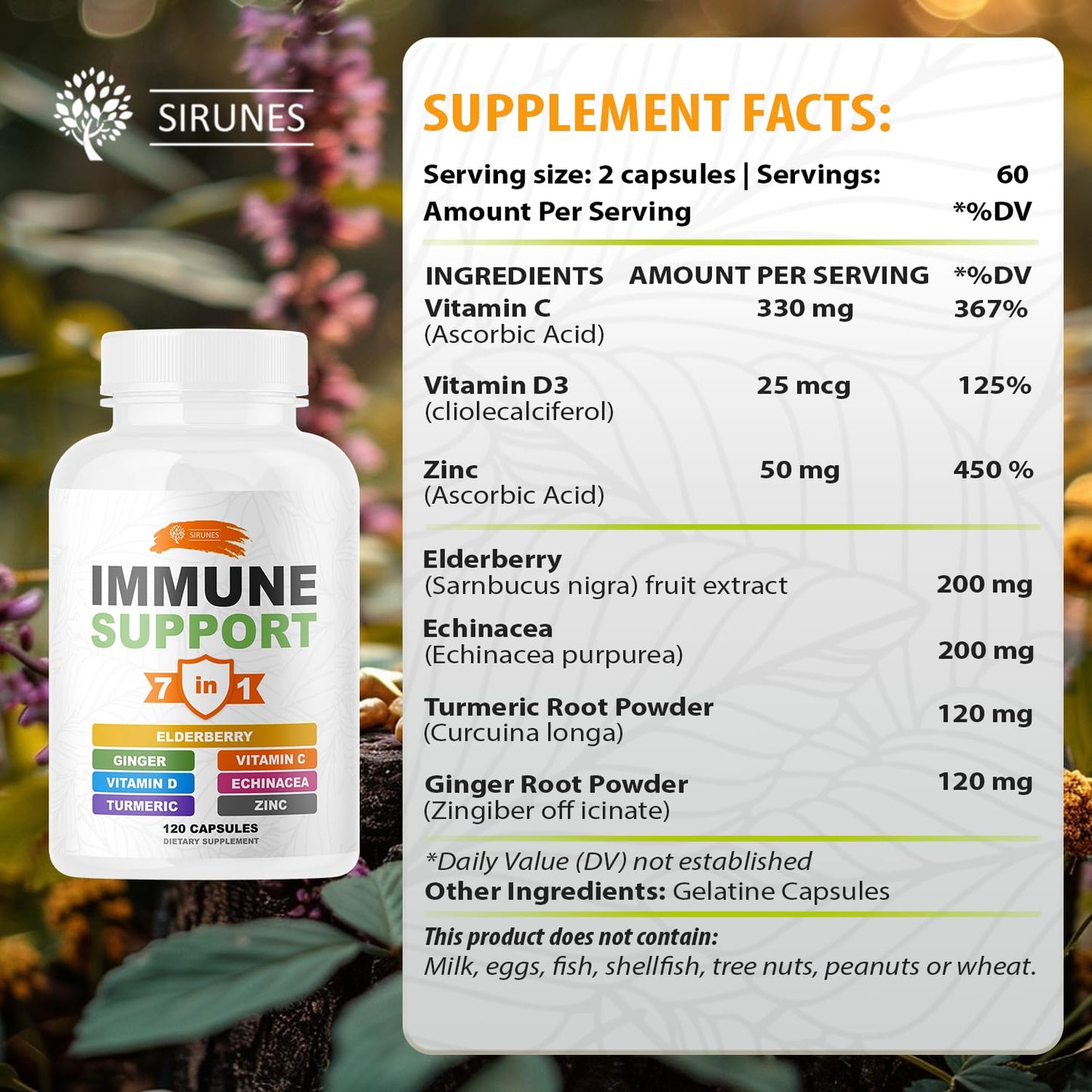 SIRUNES Immune Booster - Immunity Support Multivitamin with Vitamin C, D3, Elderberry, Zinc, Echinacea, Ginger & Turmeric - Antioxidant, Energy, Brain Health & Stress Relief, 120 Capsules