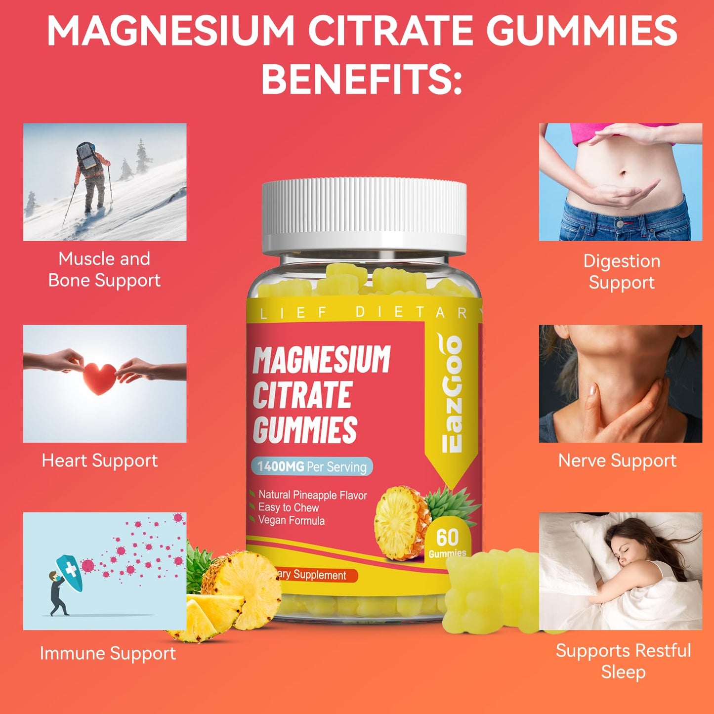 EAZGOO Magnesium Citrate Gummies 1400mg, 120 Gummies