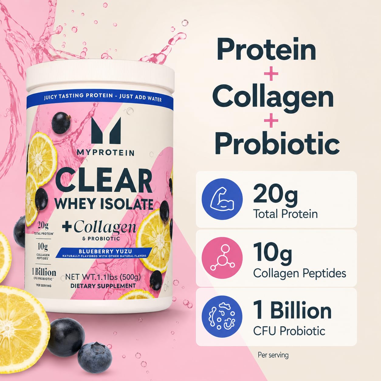 Myprotein Clear Whey Isolate + Collagen & Probiotic Blueberry Yuzu Clear Protein Powder, 17.6 oz
